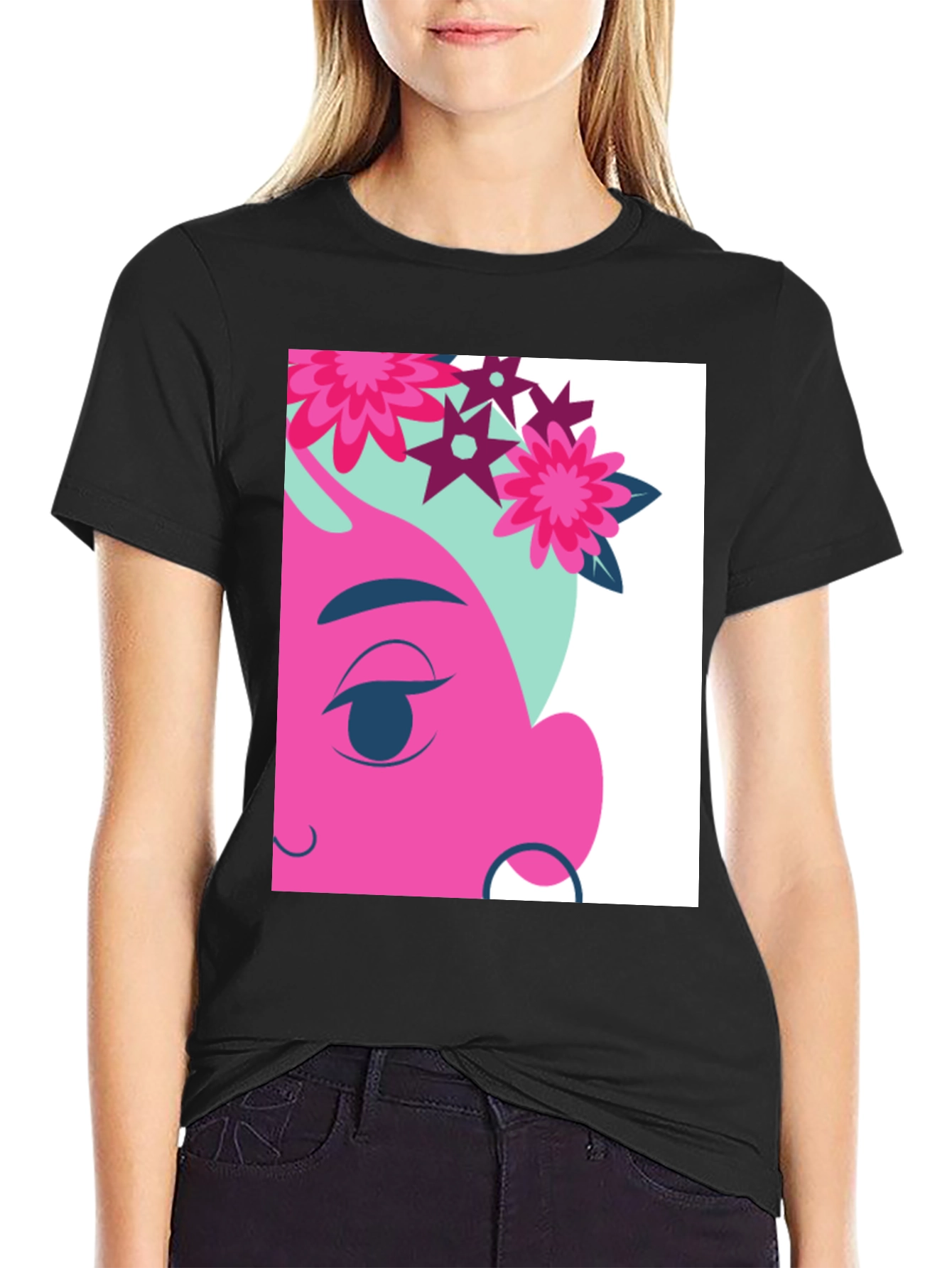 Floral Cartoon Graphic Black T-Shirt