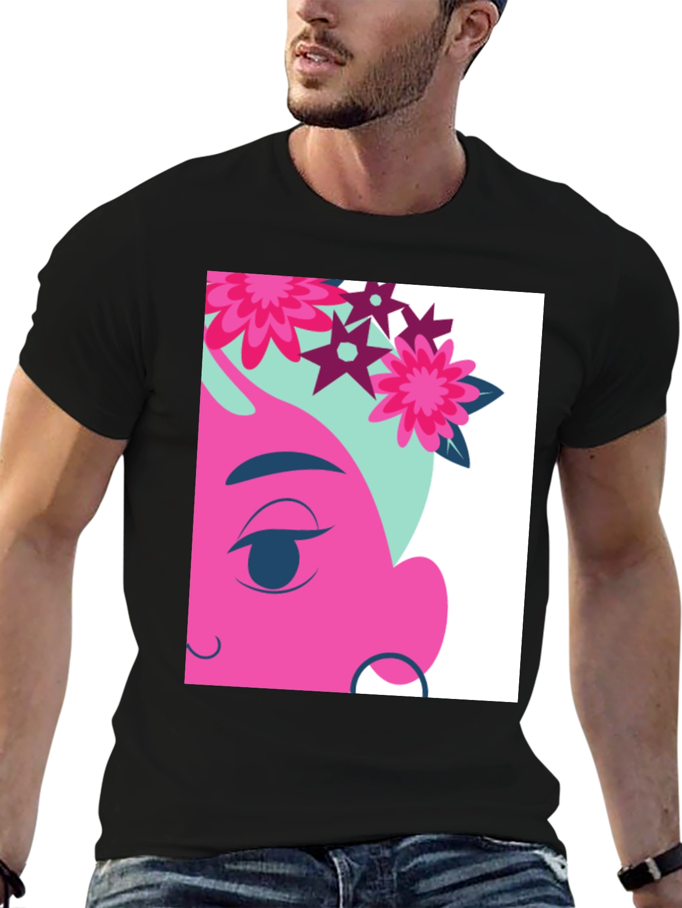 Floral Cartoon Graphic Black T-Shirt