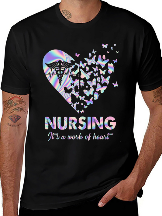 Nursing Work of Heart T-Shirt Butterfly Holographic Nurse Gift