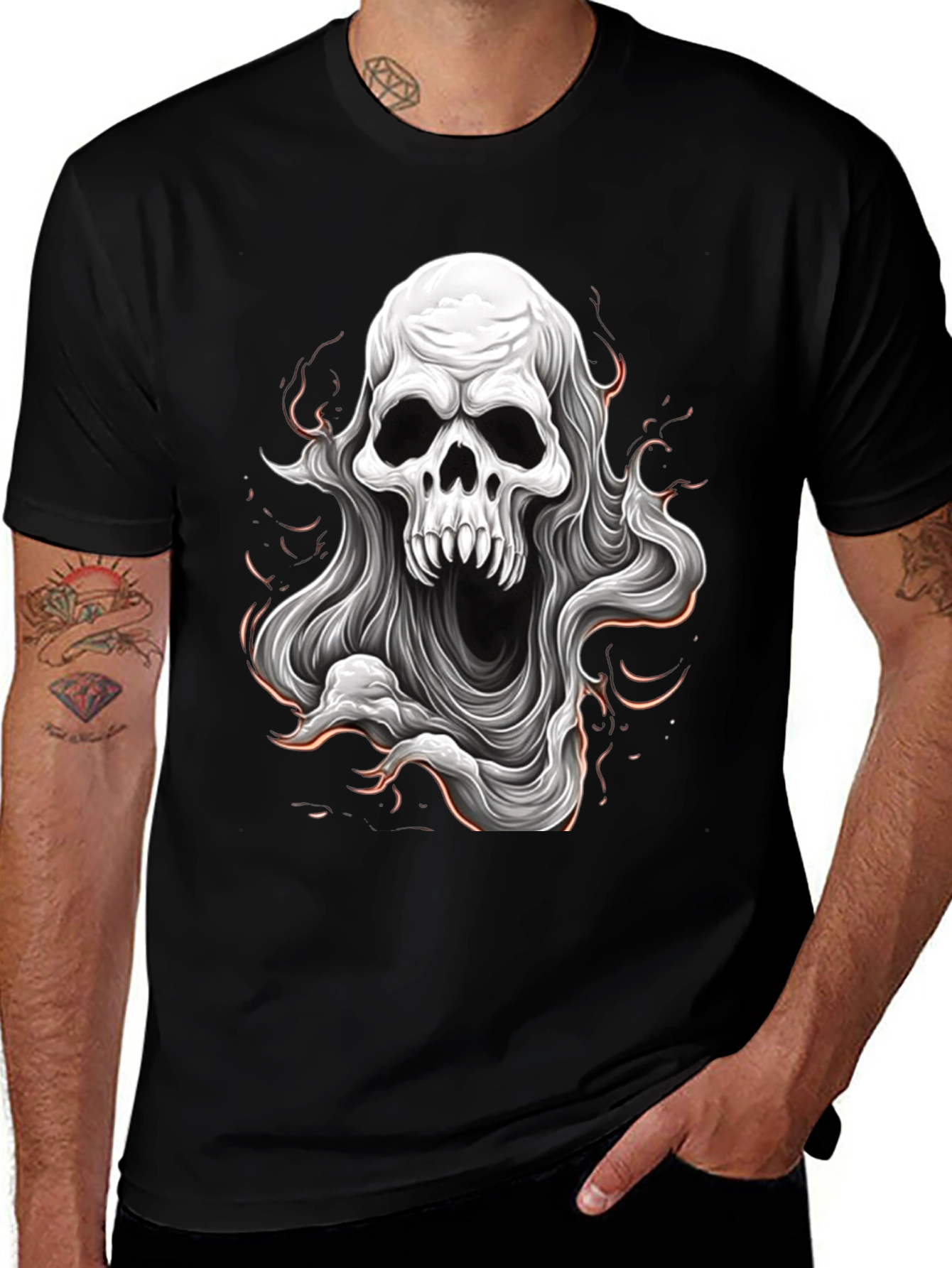 Skull Ghost Graphic Tee - Black Cotton T-Shirt