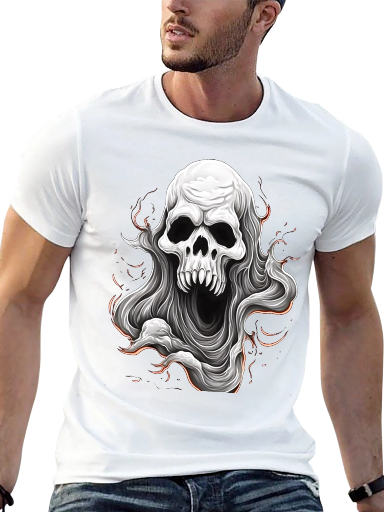 Skull Ghost Graphic Tee - Black Cotton T-Shirt