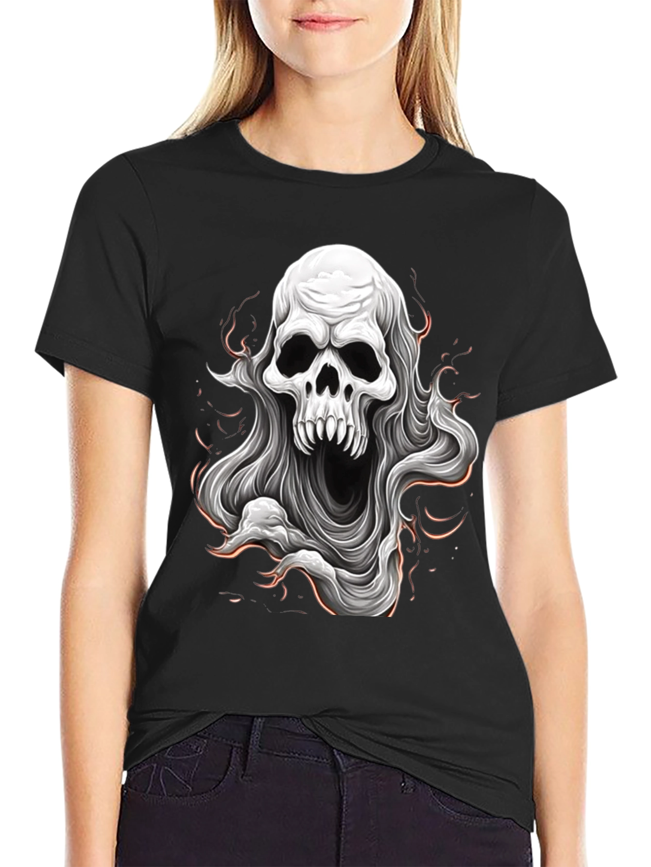 Skull Ghost Graphic Tee - Black Cotton T-Shirt