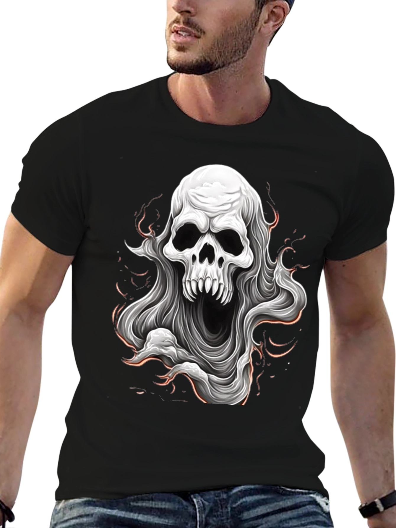 Skull Ghost Graphic Tee - Black Cotton T-Shirt