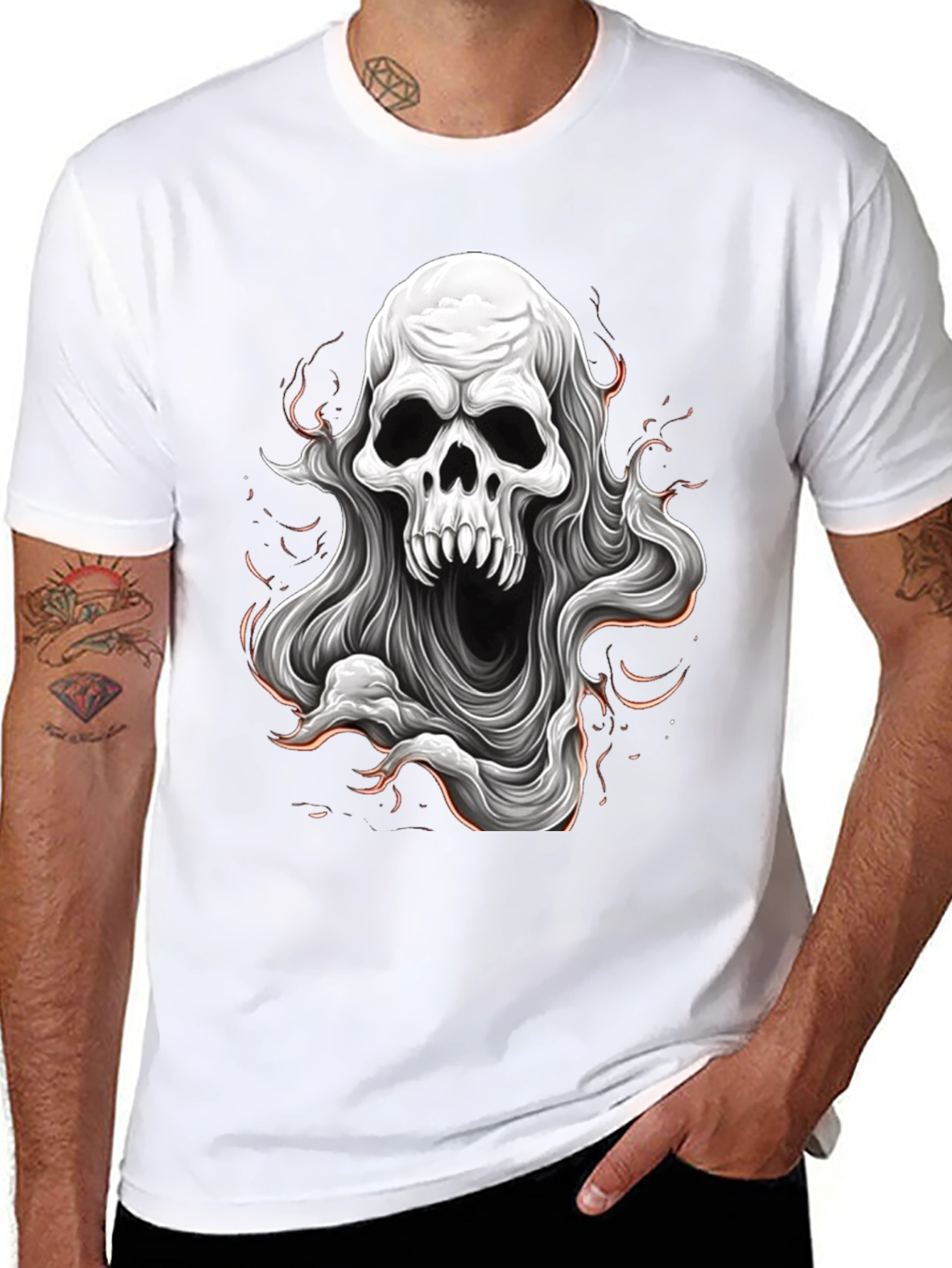 Skull Ghost Graphic Tee - Black Cotton T-Shirt