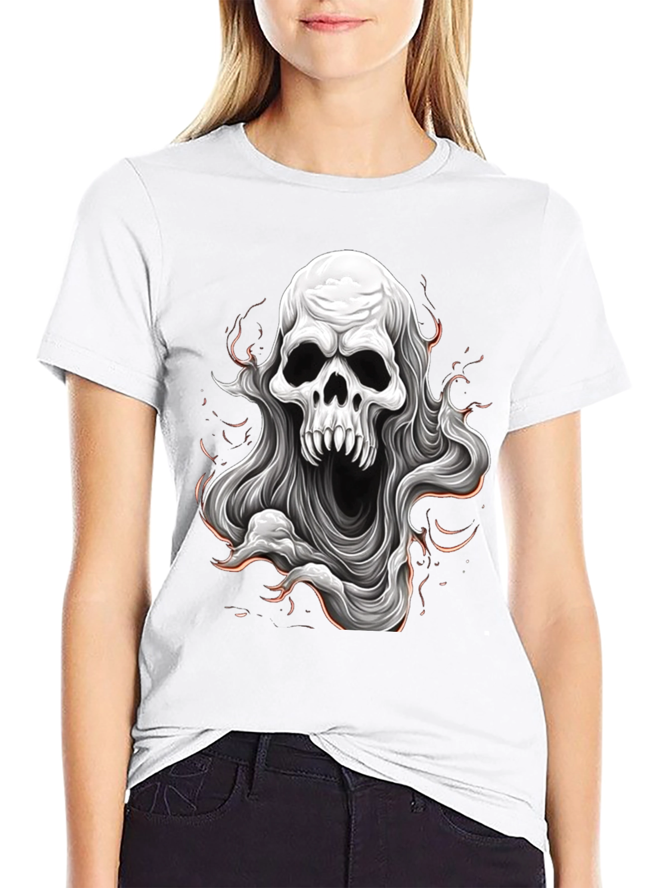 Skull Ghost Graphic Tee - Black Cotton T-Shirt