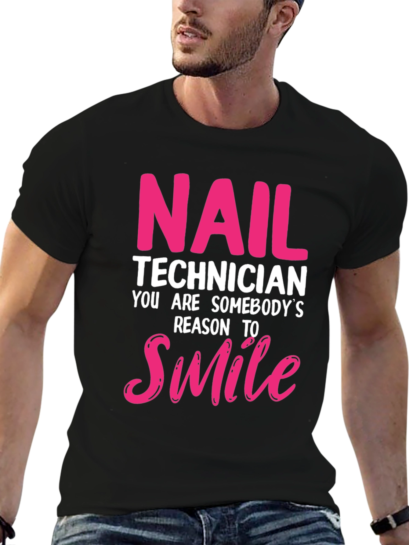 Nail Technician Smile T-Shirt - Pink and White Text