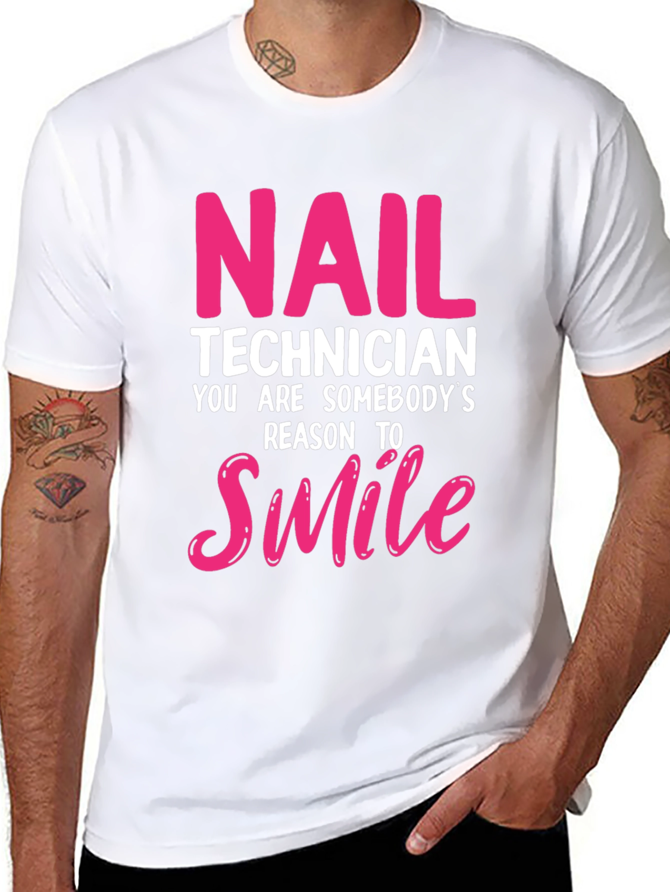 Nail Technician Smile T-Shirt - Pink and White Text