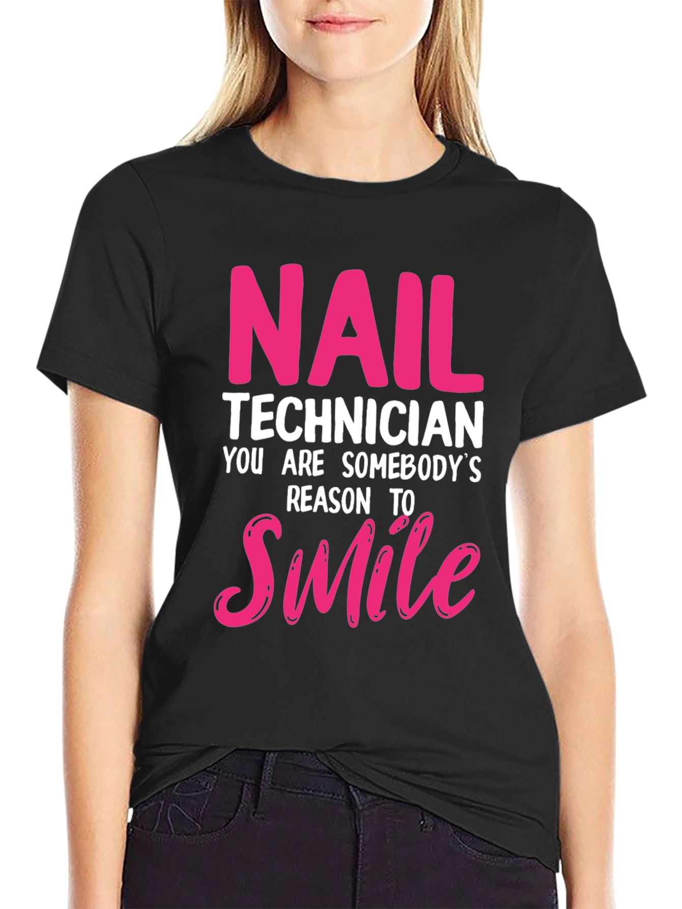 Nail Technician Smile T-Shirt - Pink and White Text