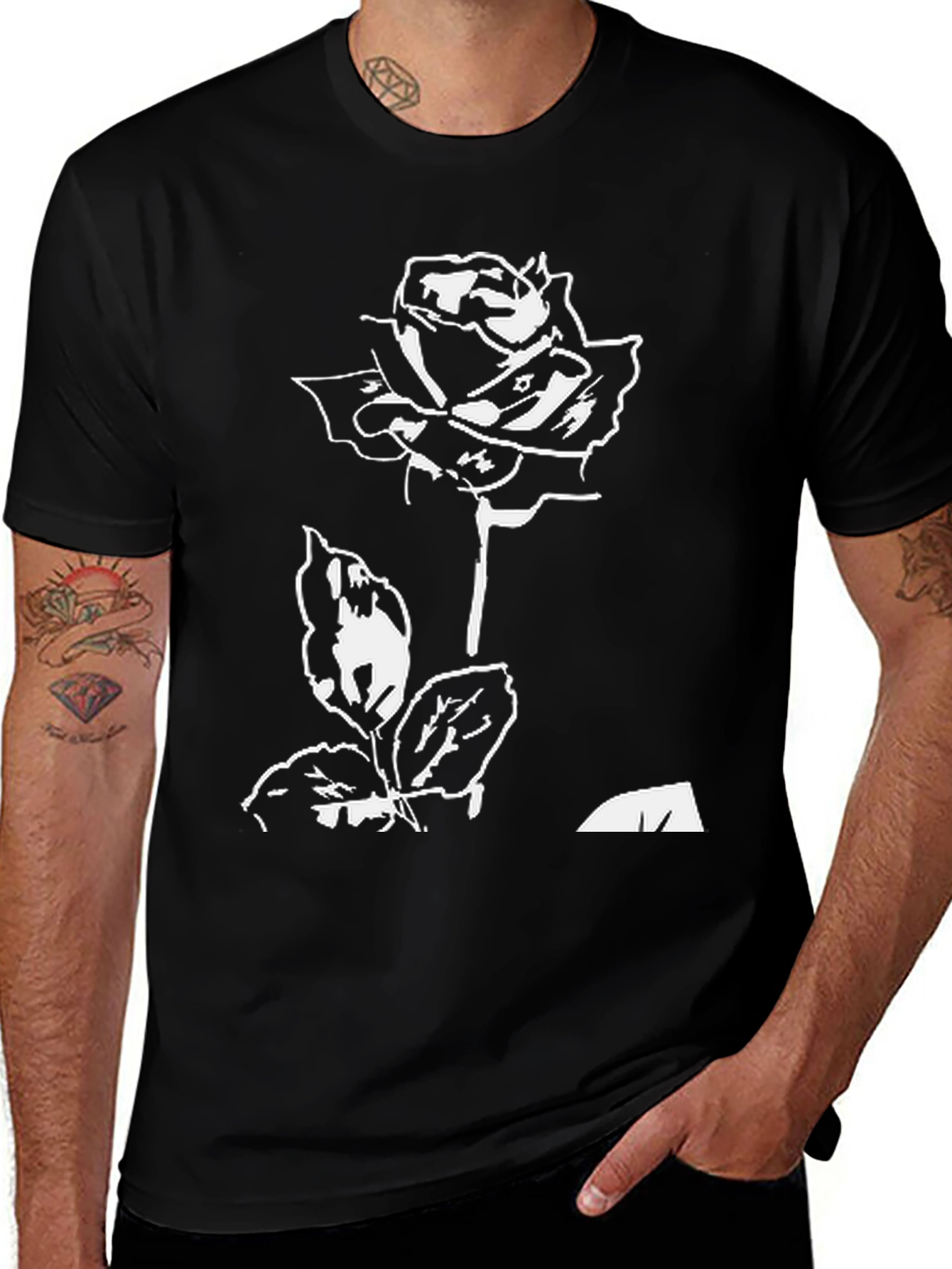 Black T-Shirt with White Rose Design
