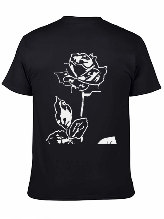 Black T-Shirt with White Rose Design