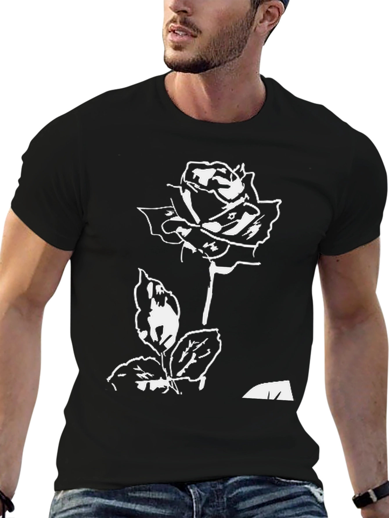 Black T-Shirt with White Rose Design