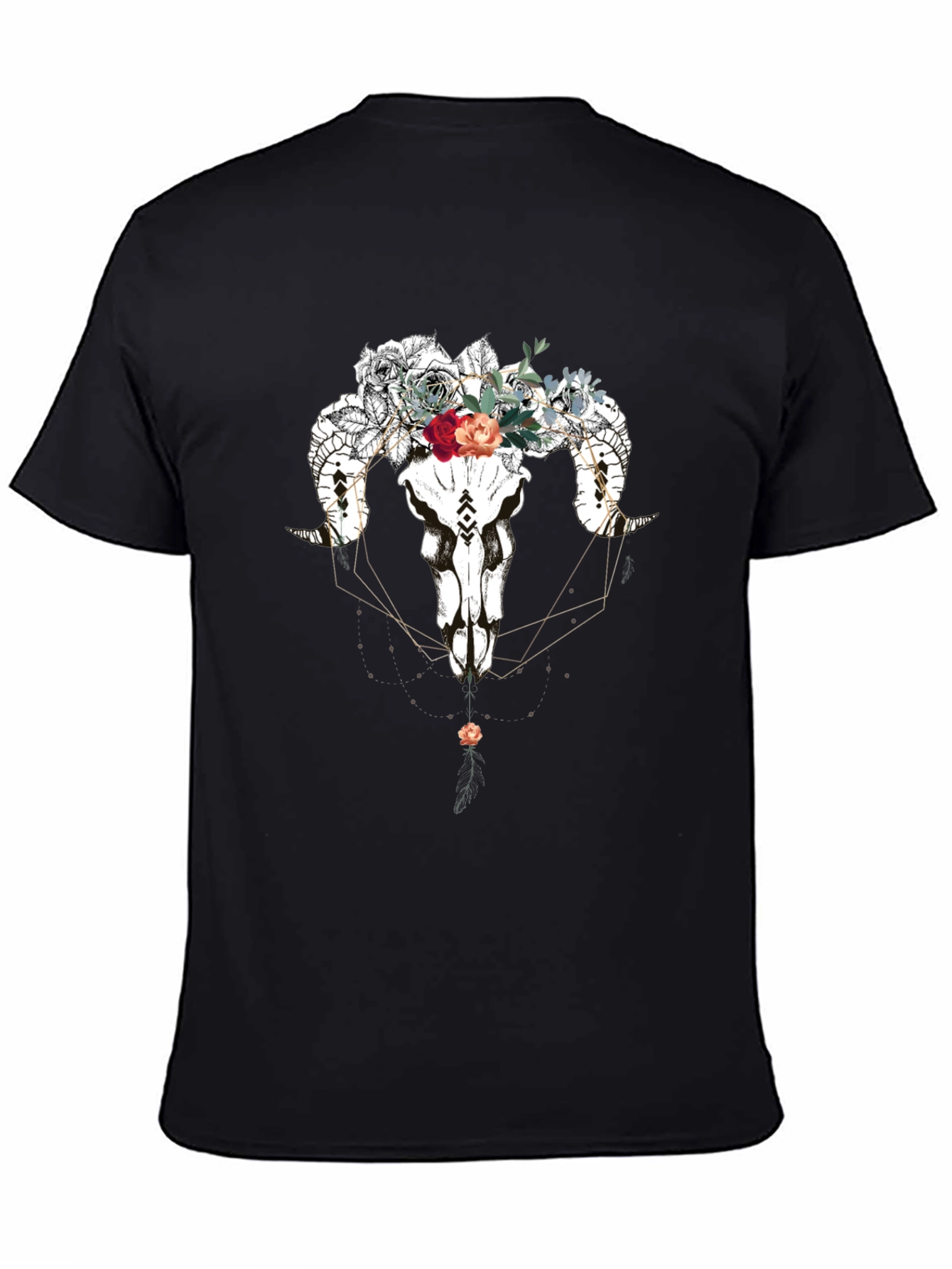 Floral Ram Skull Graphic Tee - Black