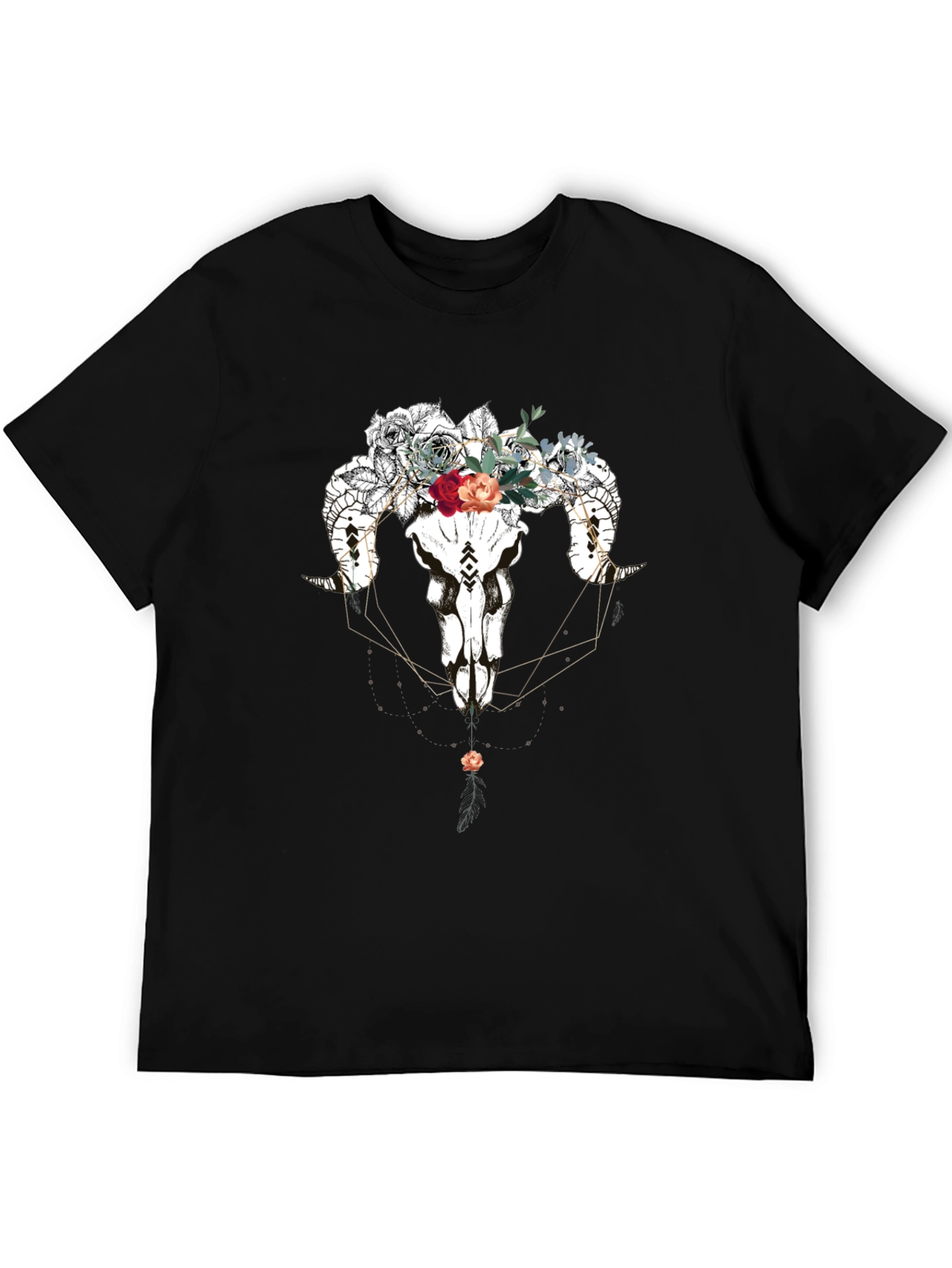 Floral Ram Skull Graphic Tee - Black