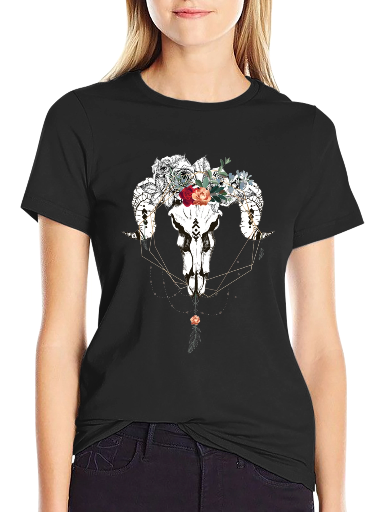 Floral Ram Skull Graphic Tee - Black