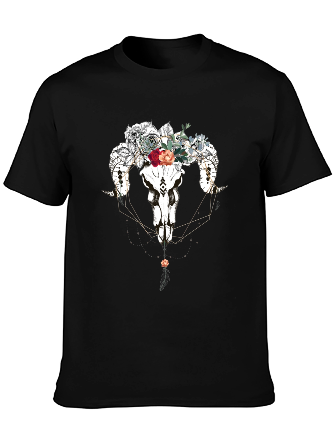 Floral Ram Skull Graphic Tee - Black