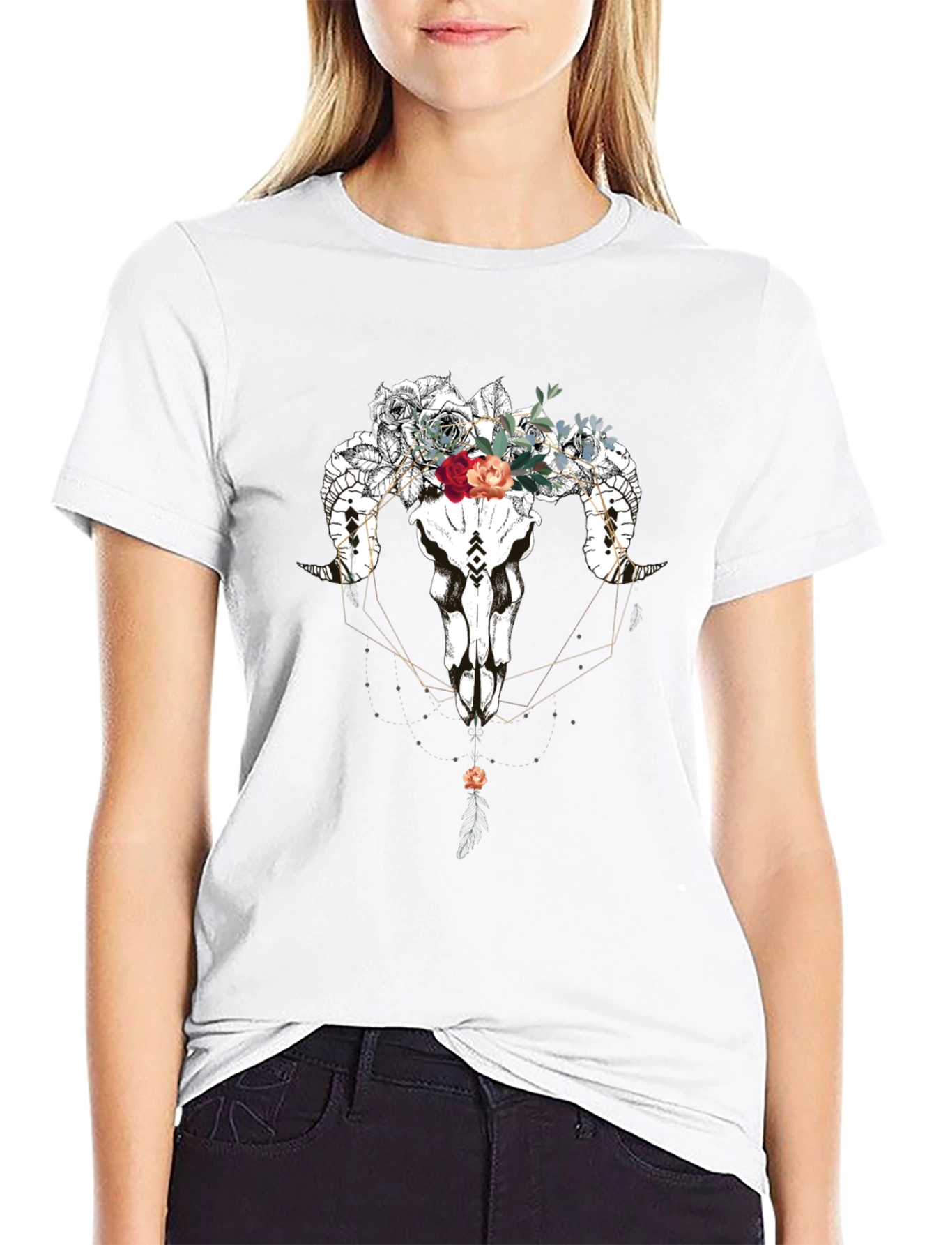 Floral Ram Skull Graphic Tee - Black