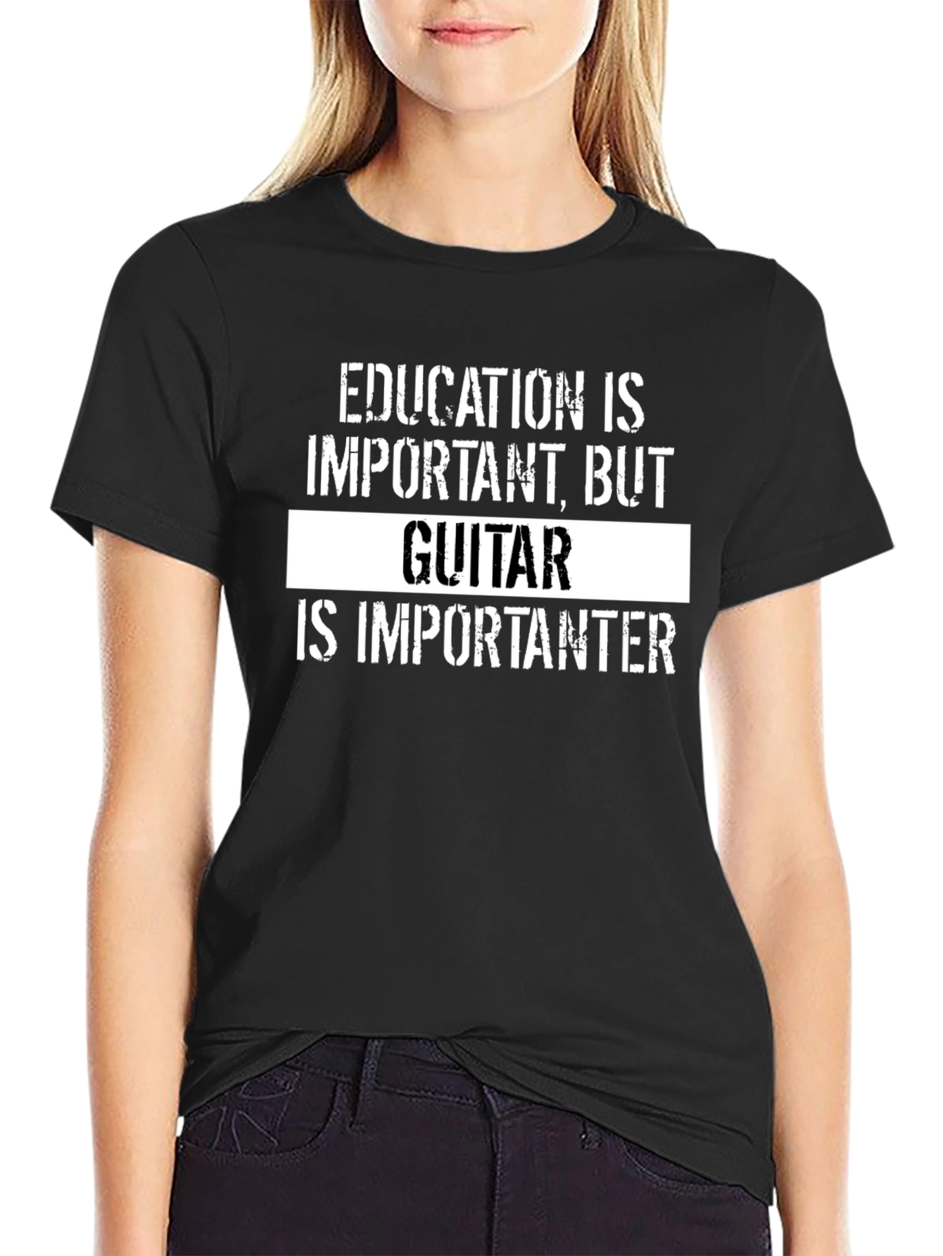 Funny Guitar Lover Black T-Shirt - Education vs. Guitar