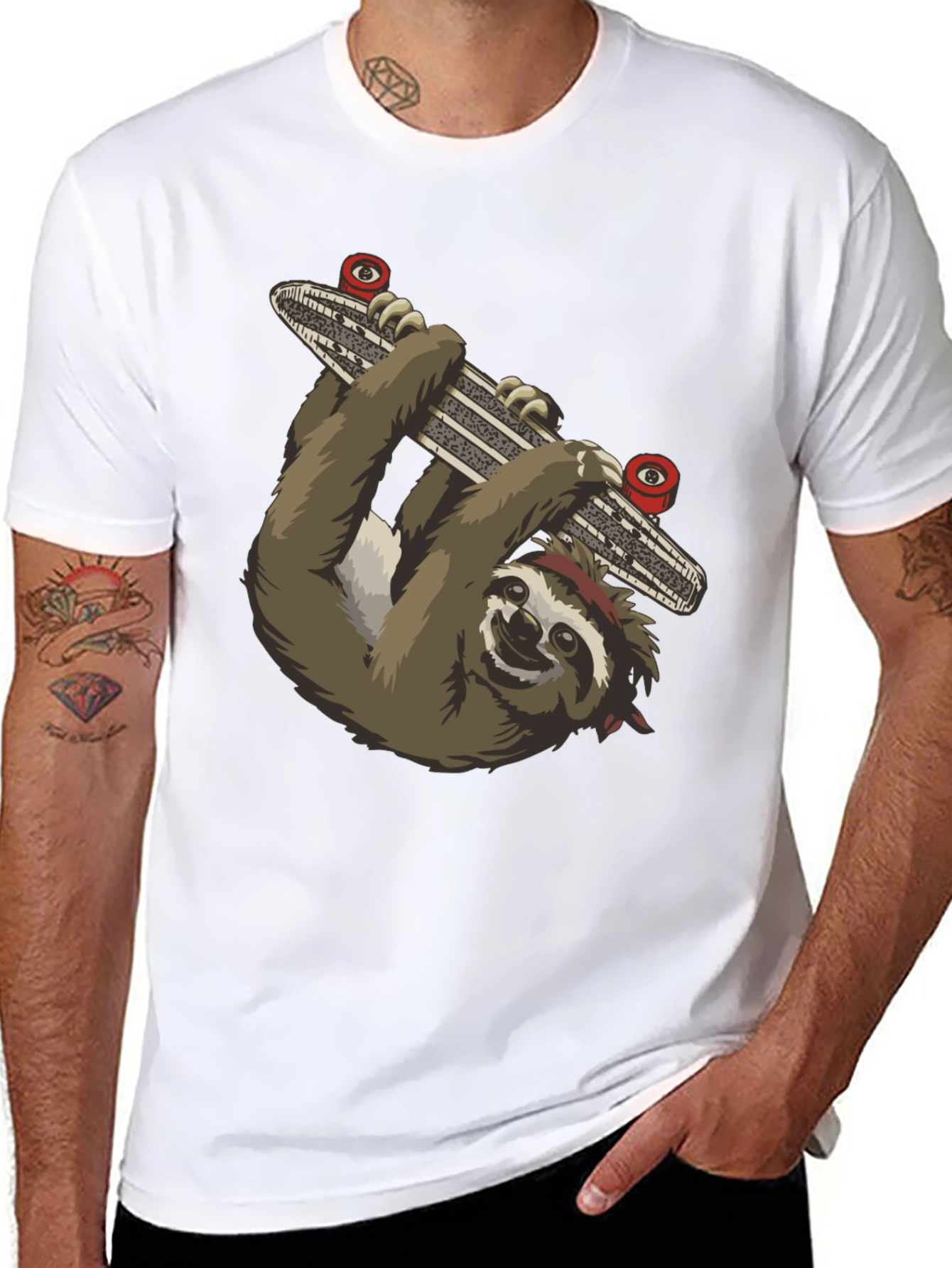 Sloth Skateboarder Graphic Tee - Black Cotton T-Shirt