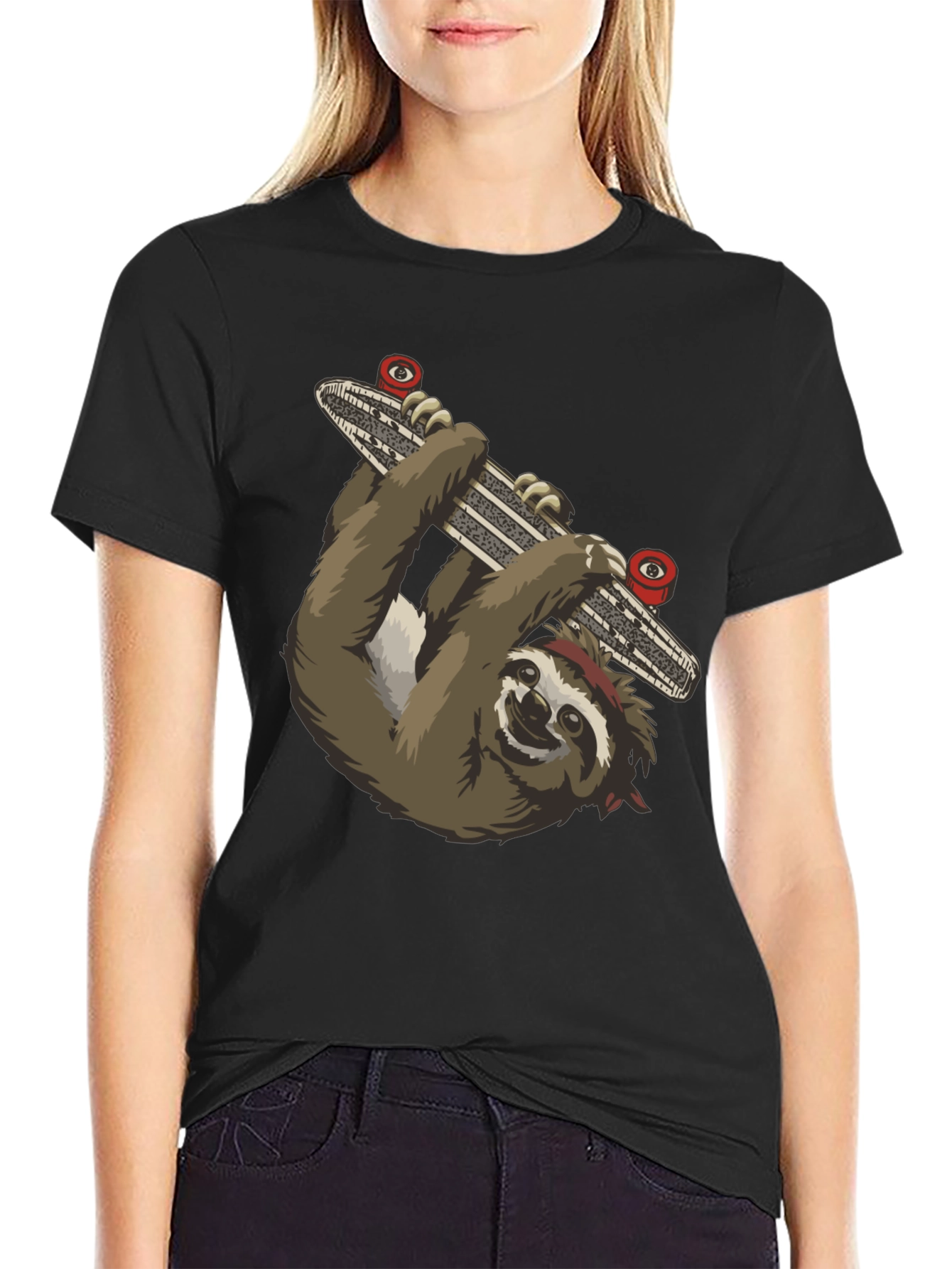 Sloth Skateboarder Graphic Tee - Black Cotton T-Shirt