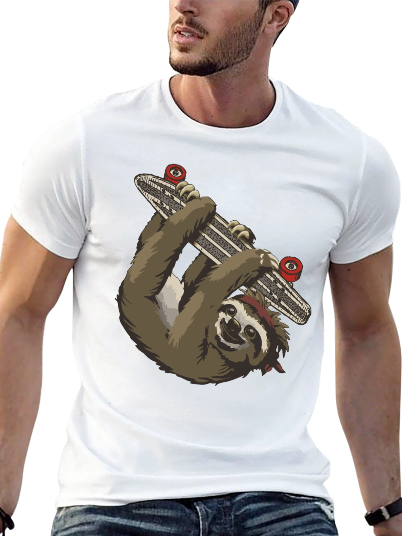 Sloth Skateboarder Graphic Tee - Black Cotton T-Shirt