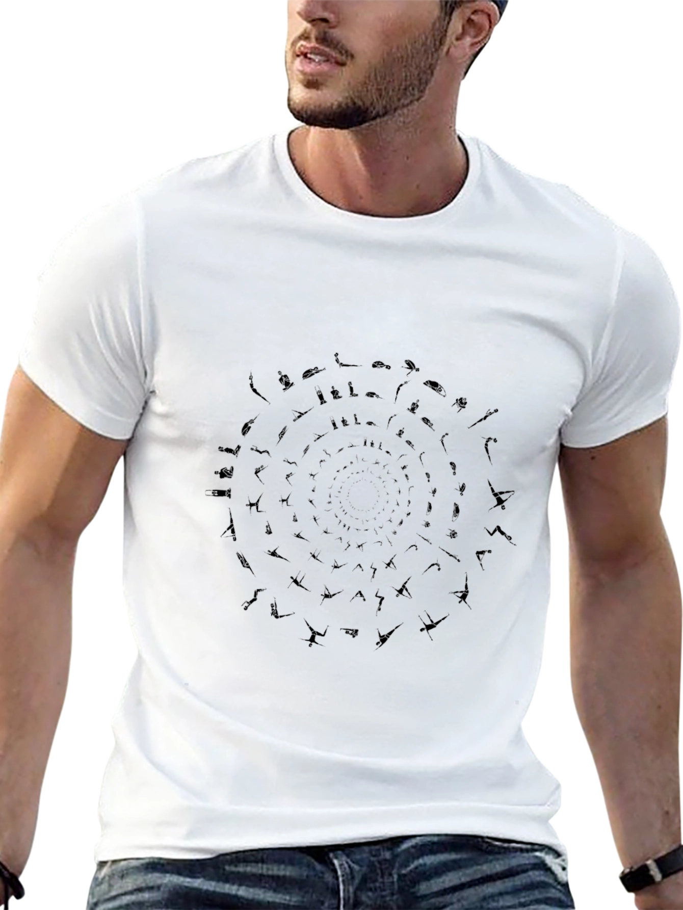Mens Black Yoga Pose Spiral Graphic T-Shirt