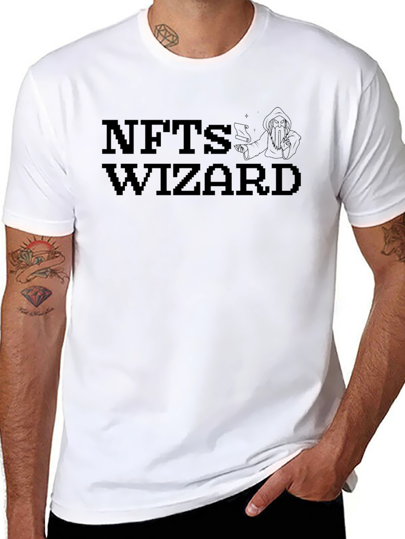NFTs Wizard Black T-Shirt Pixel Art Design
