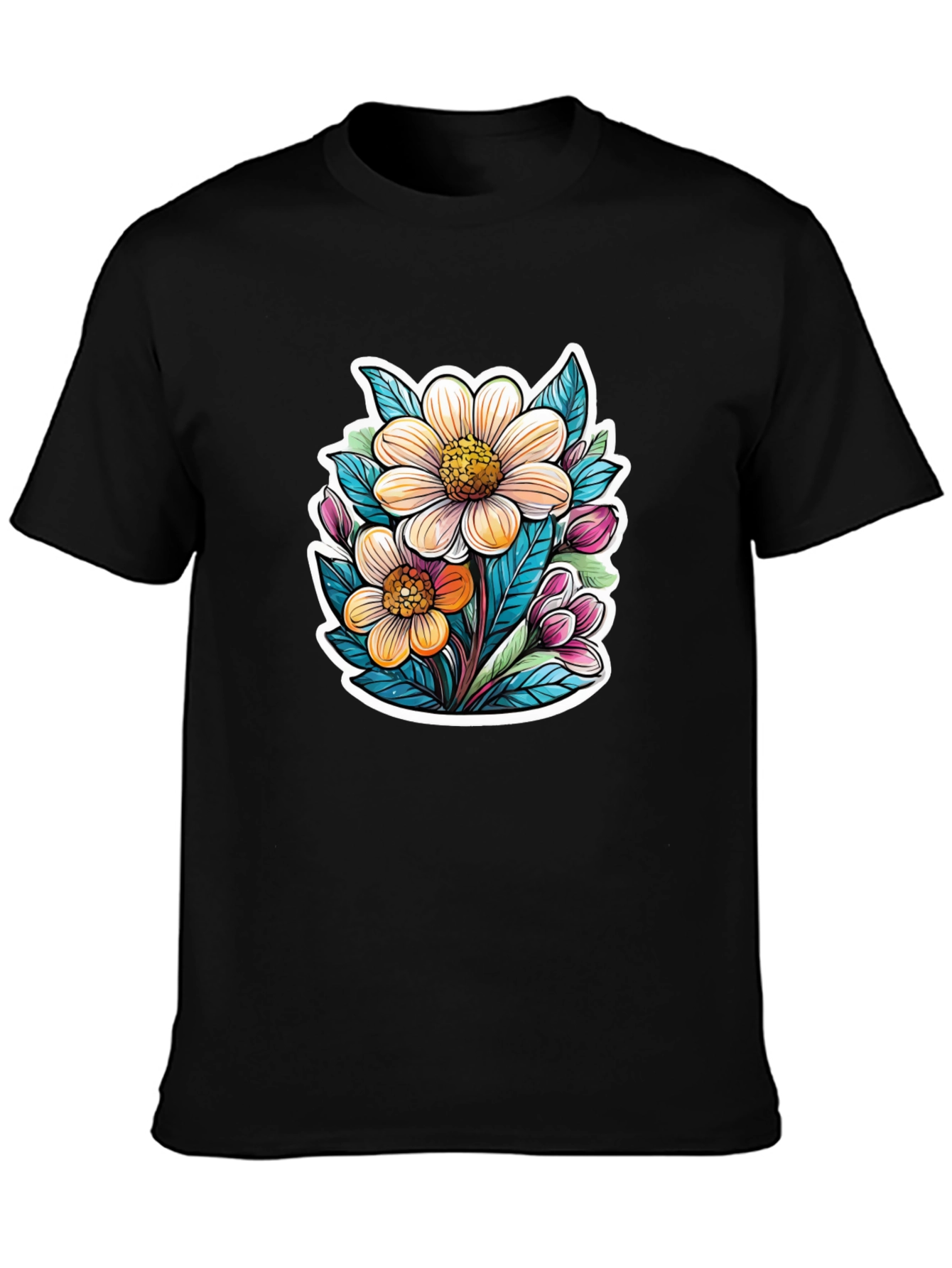 Floral Graphic Tee - Trendy Black T-Shirt