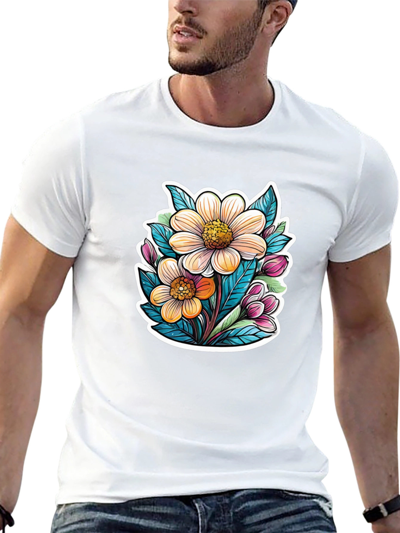 Floral Graphic Tee - Trendy Black T-Shirt