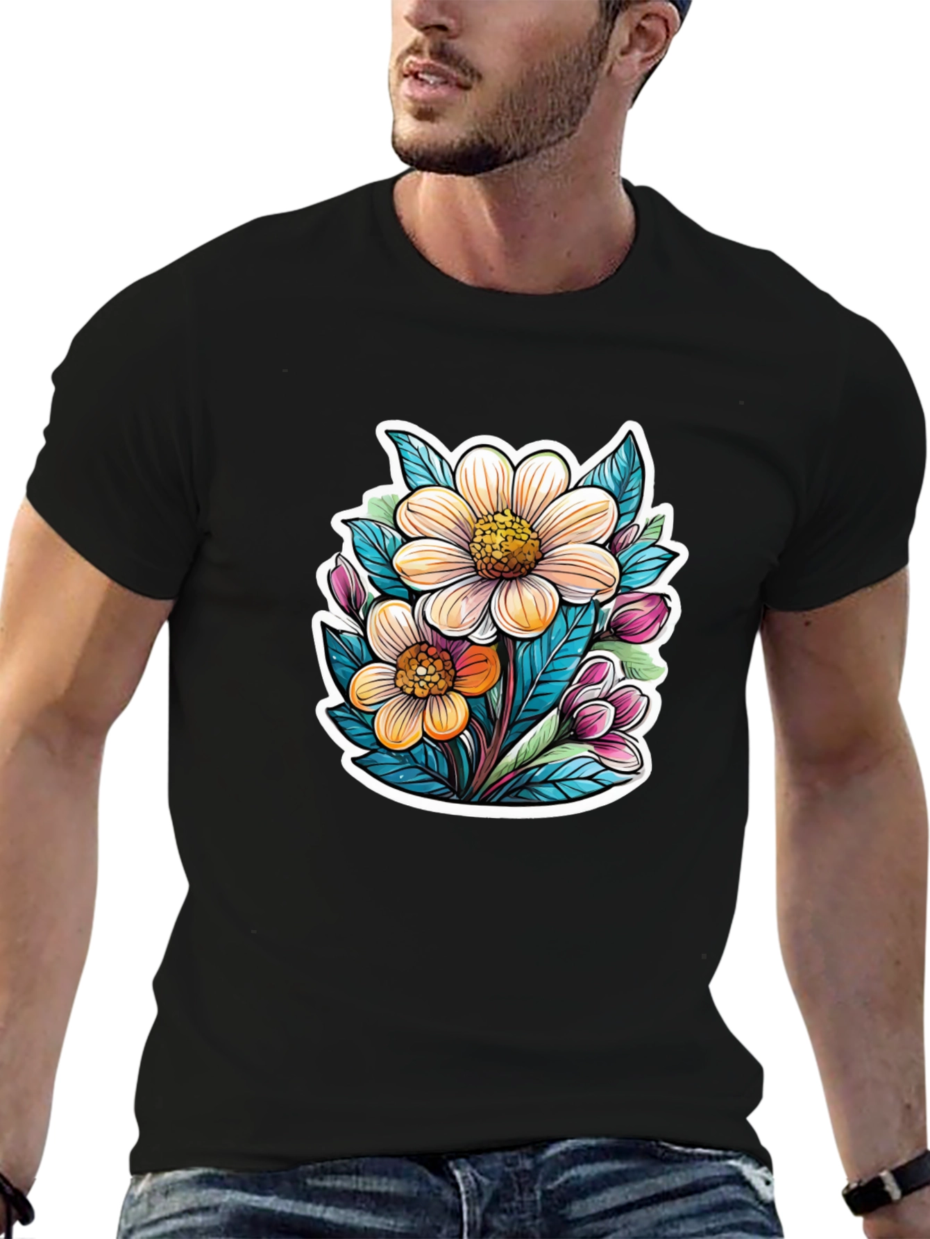 Floral Graphic Tee - Trendy Black T-Shirt