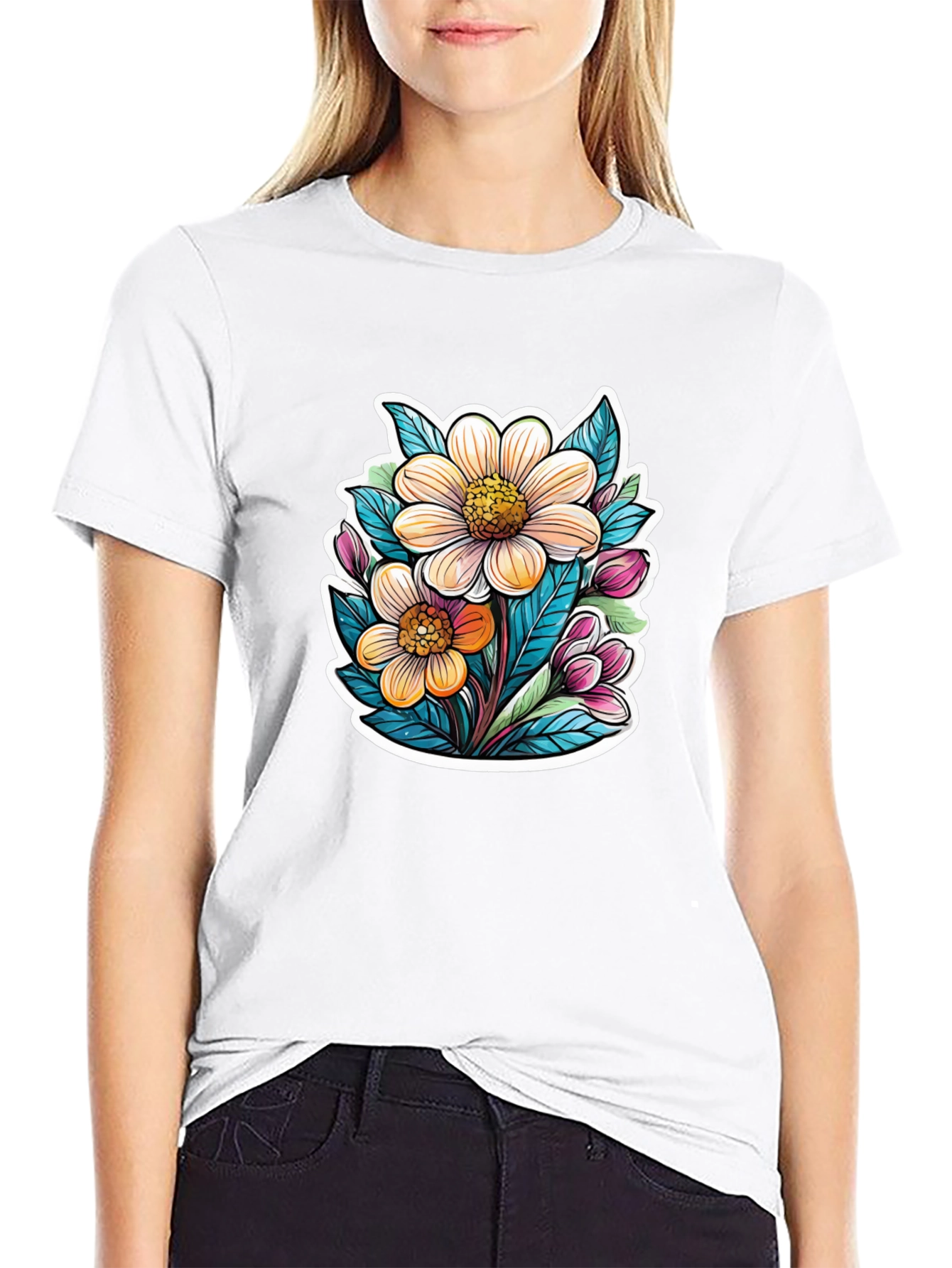 Floral Graphic Tee - Trendy Black T-Shirt