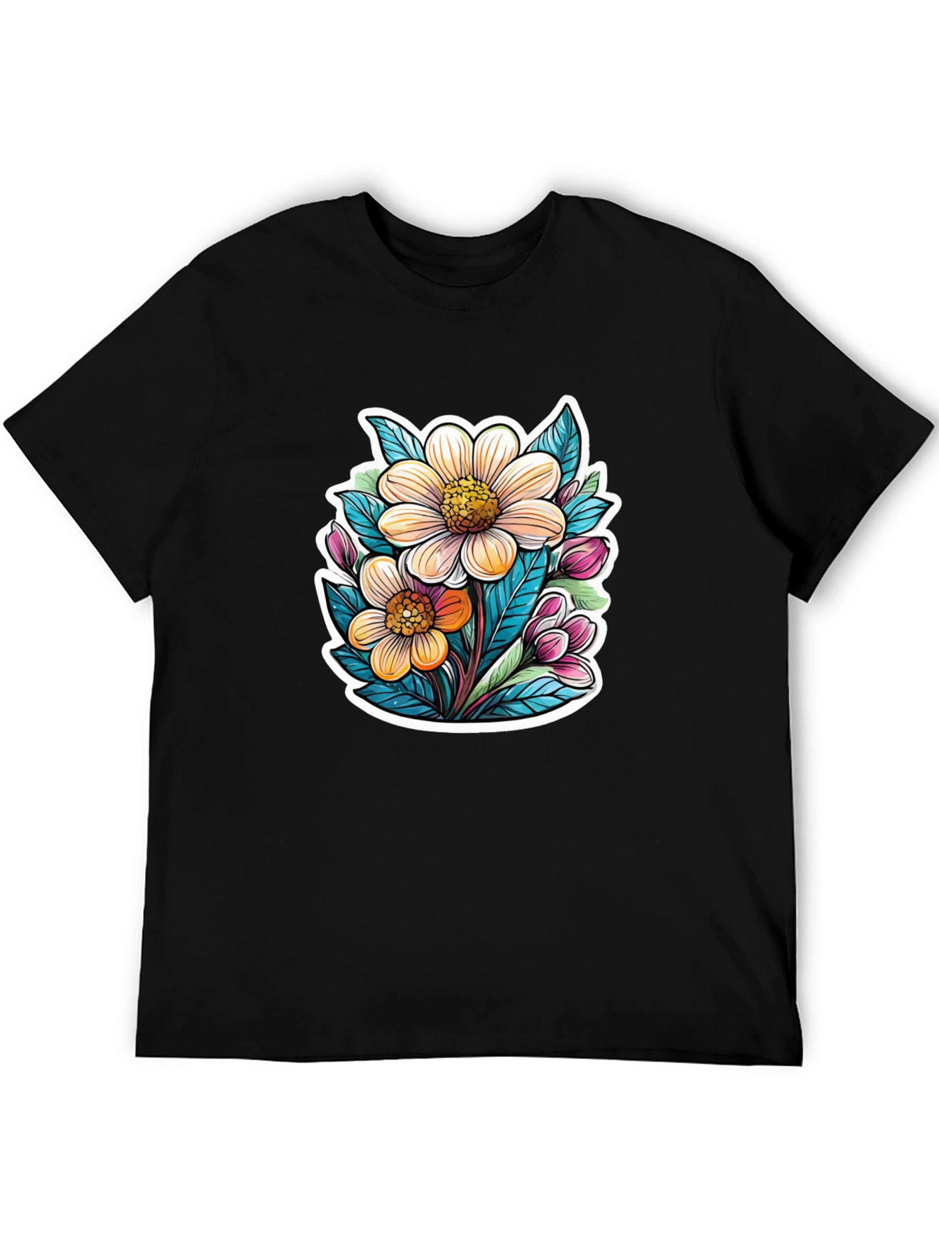 Floral Graphic Tee - Trendy Black T-Shirt