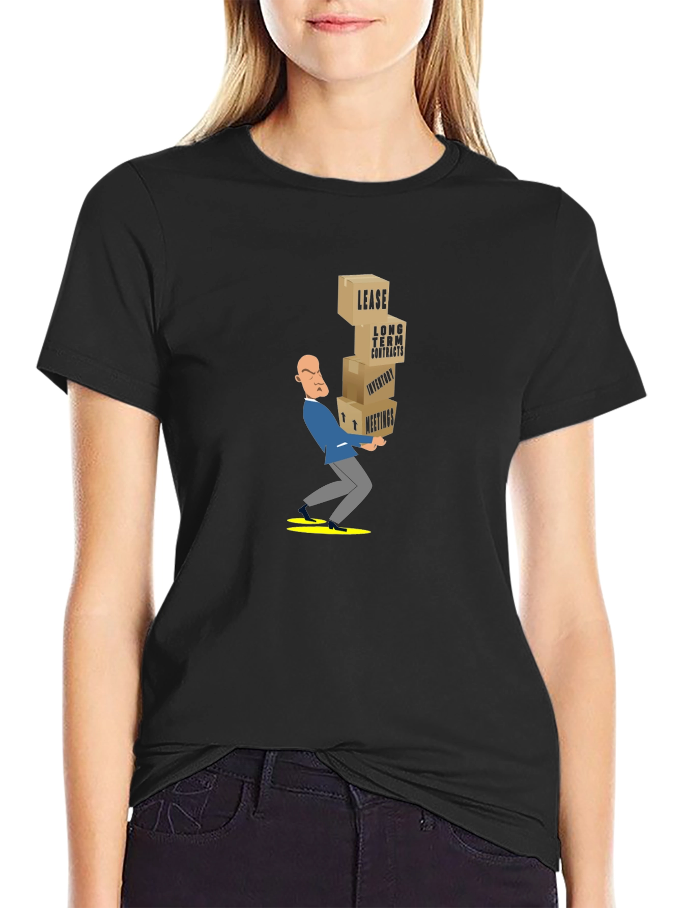 Black T-Shirt with Stressed Business Cartoon