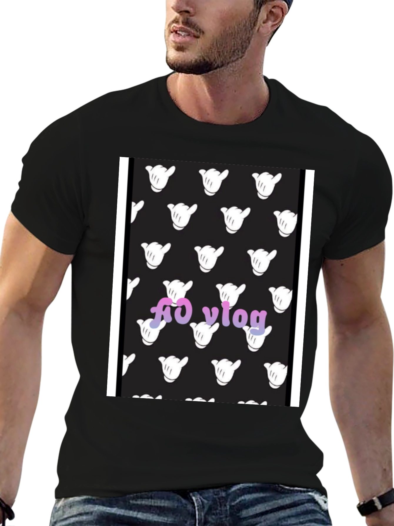 Black T-Shirt with Hang Loose Hand Pattern