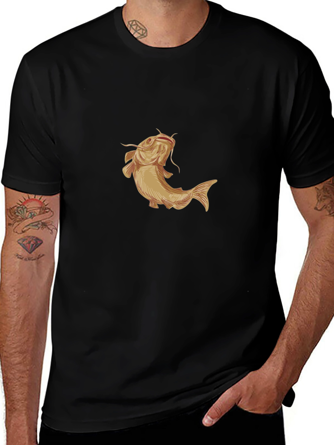 Mens Black T-Shirt with Gold Catfish Graphic