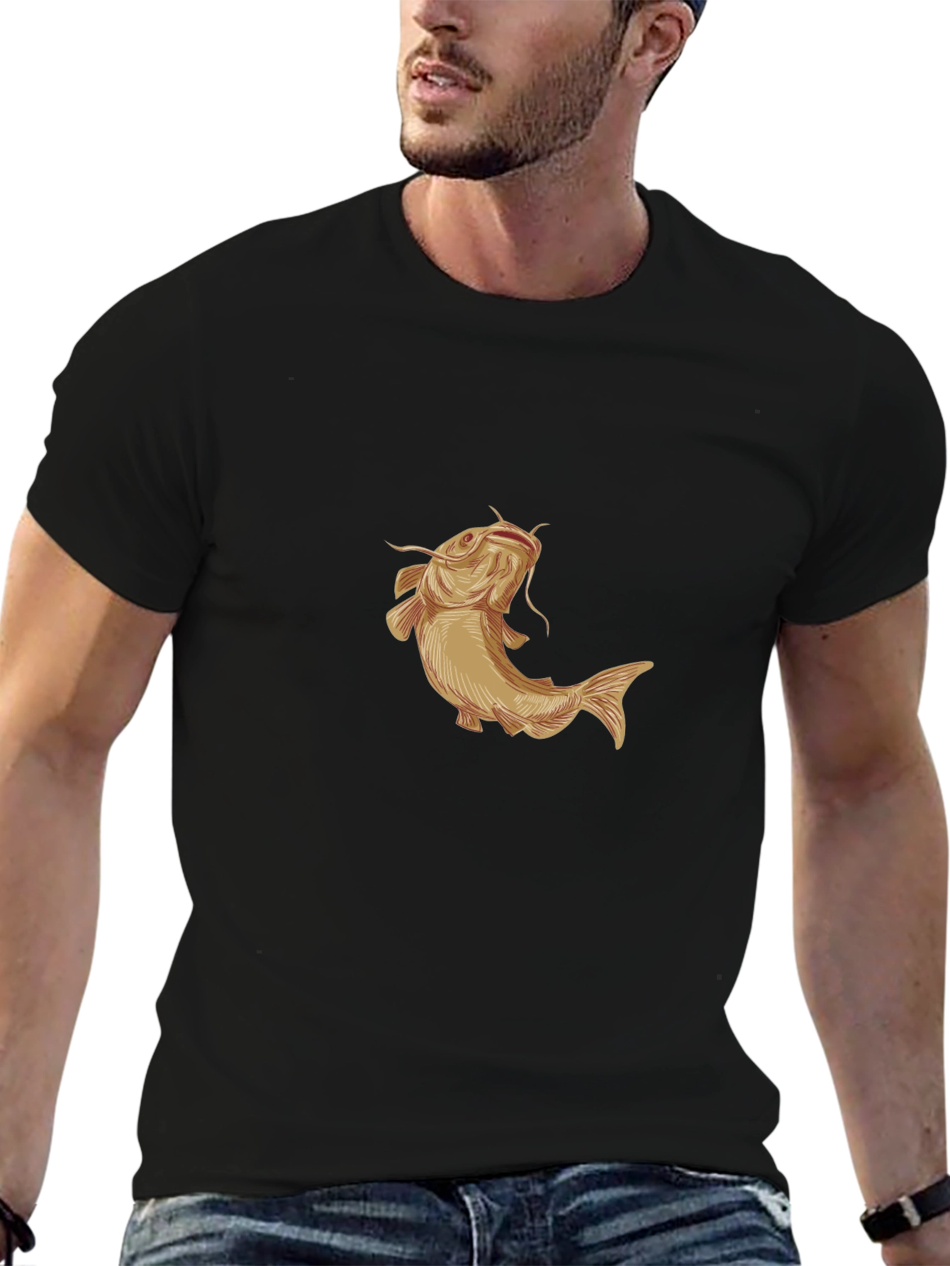 Mens Black T-Shirt with Gold Catfish Graphic