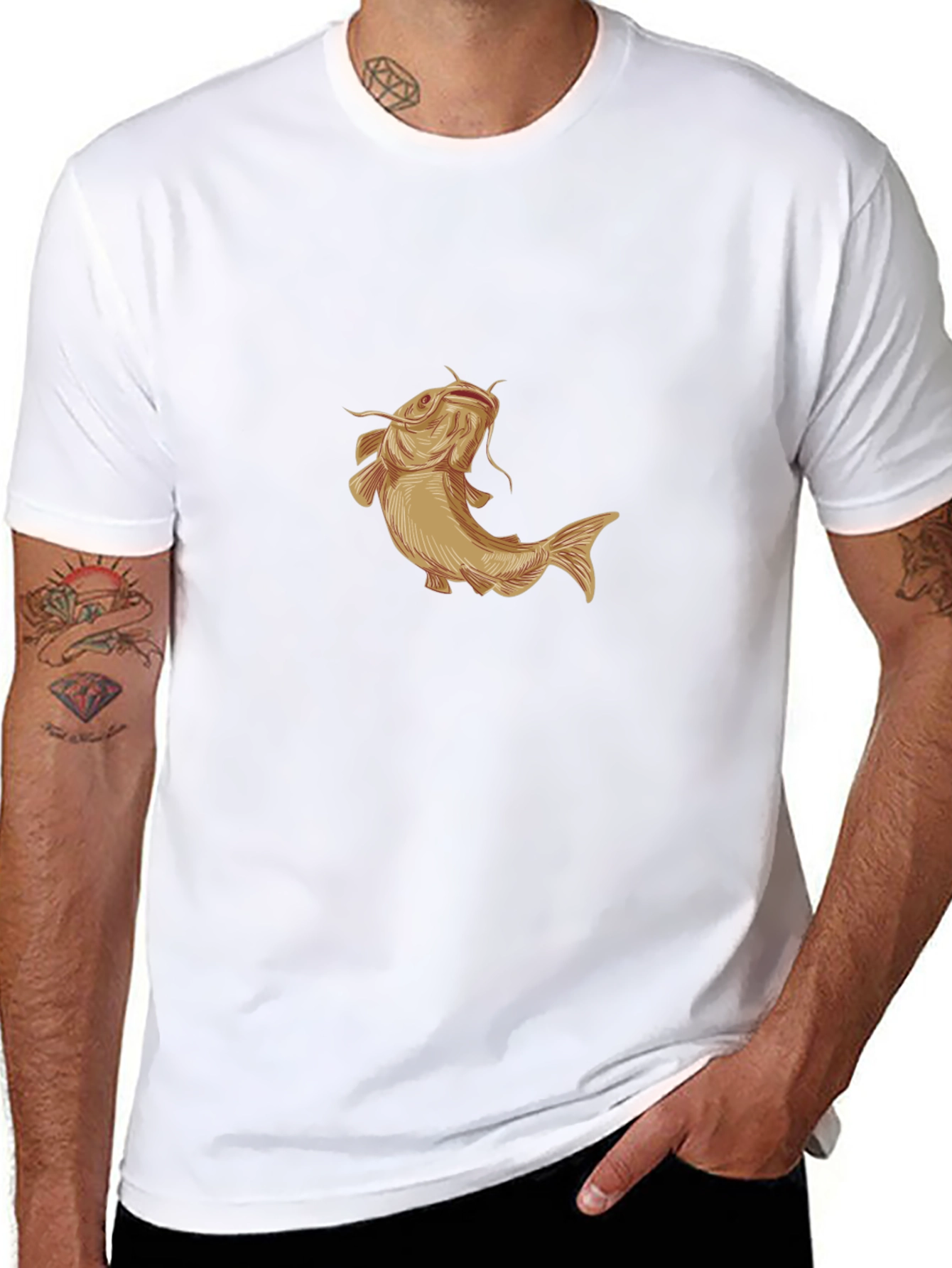 Mens Black T-Shirt with Gold Catfish Graphic