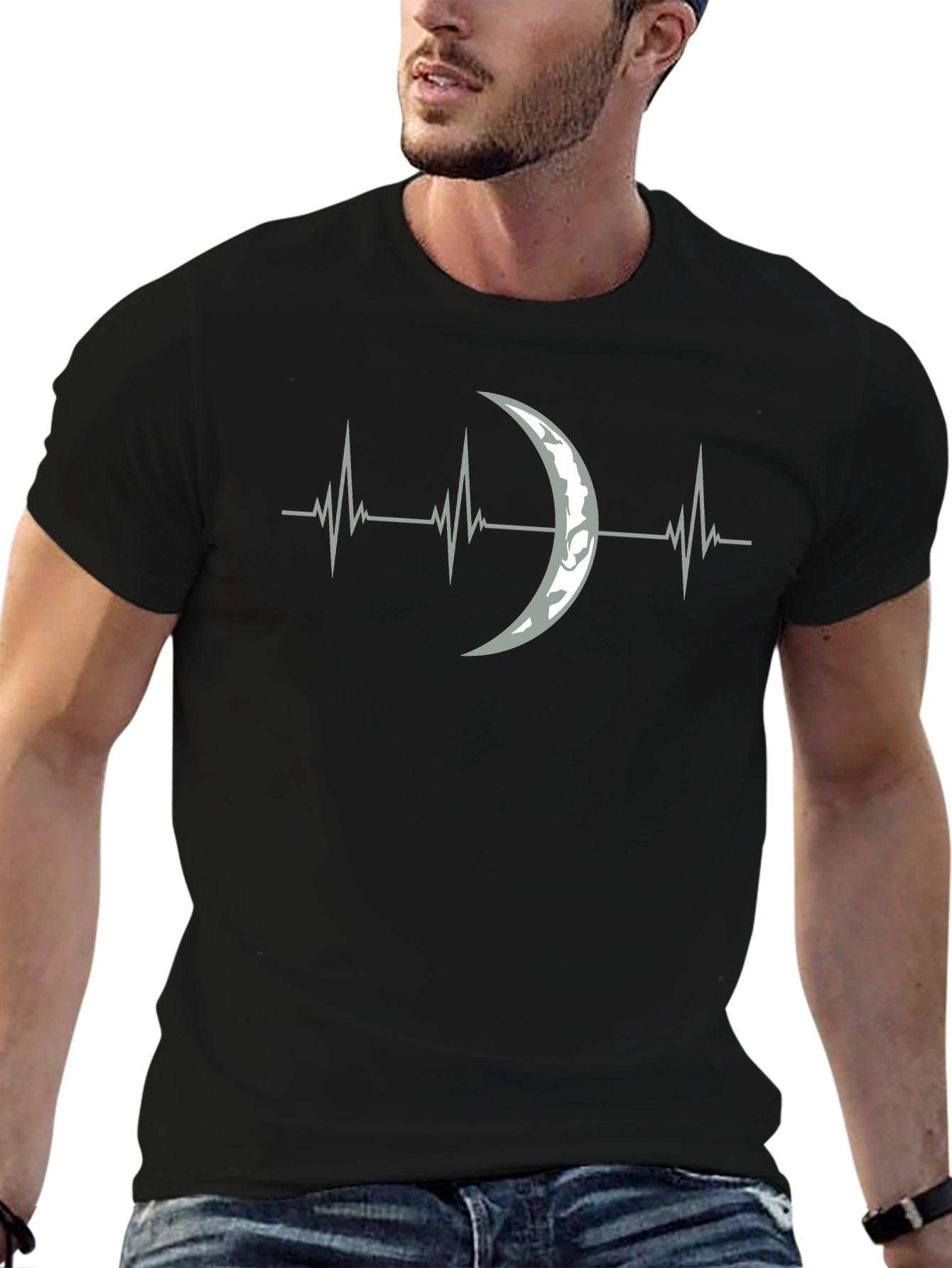 Moon Heartbeat Graphic Tee - Black Cotton T-Shirt