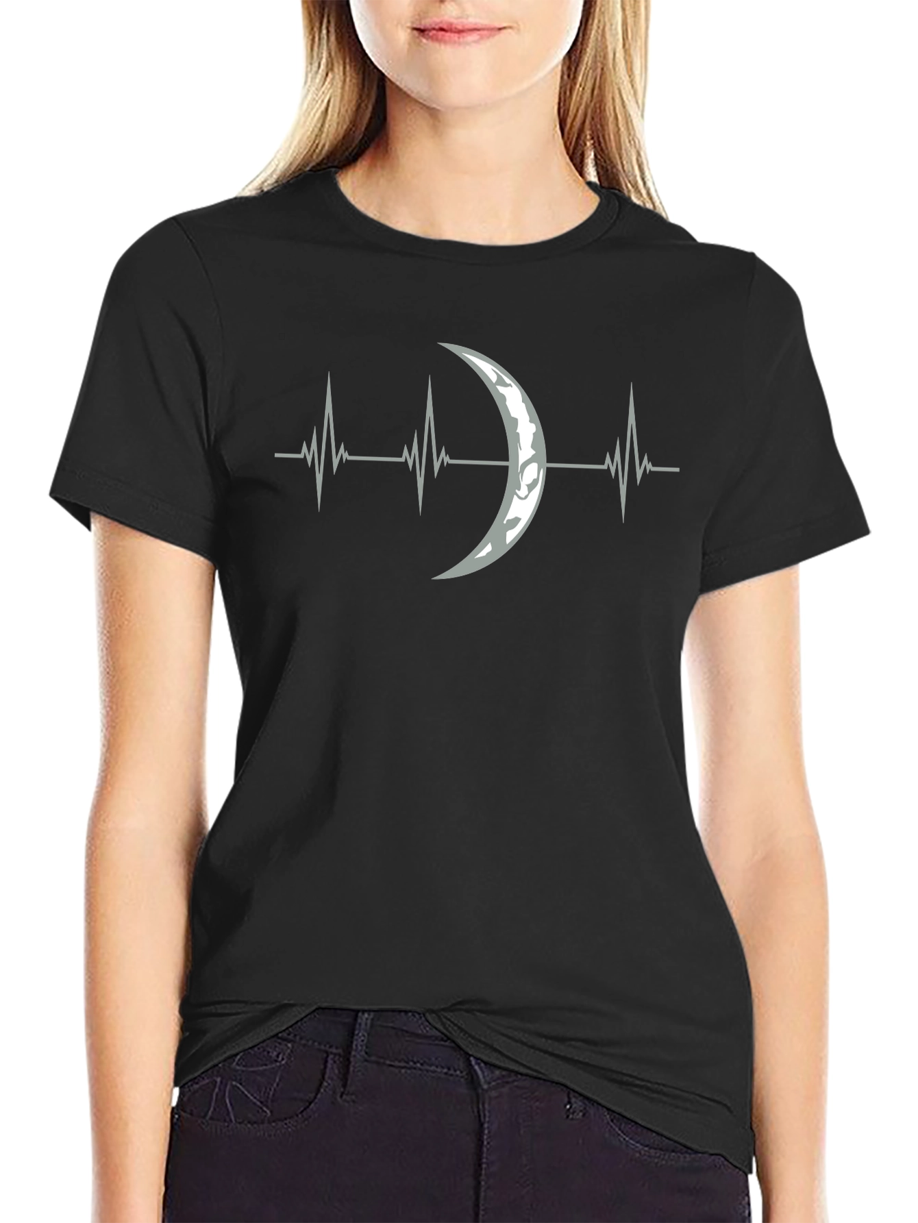 Moon Heartbeat Graphic Tee - Black Cotton T-Shirt