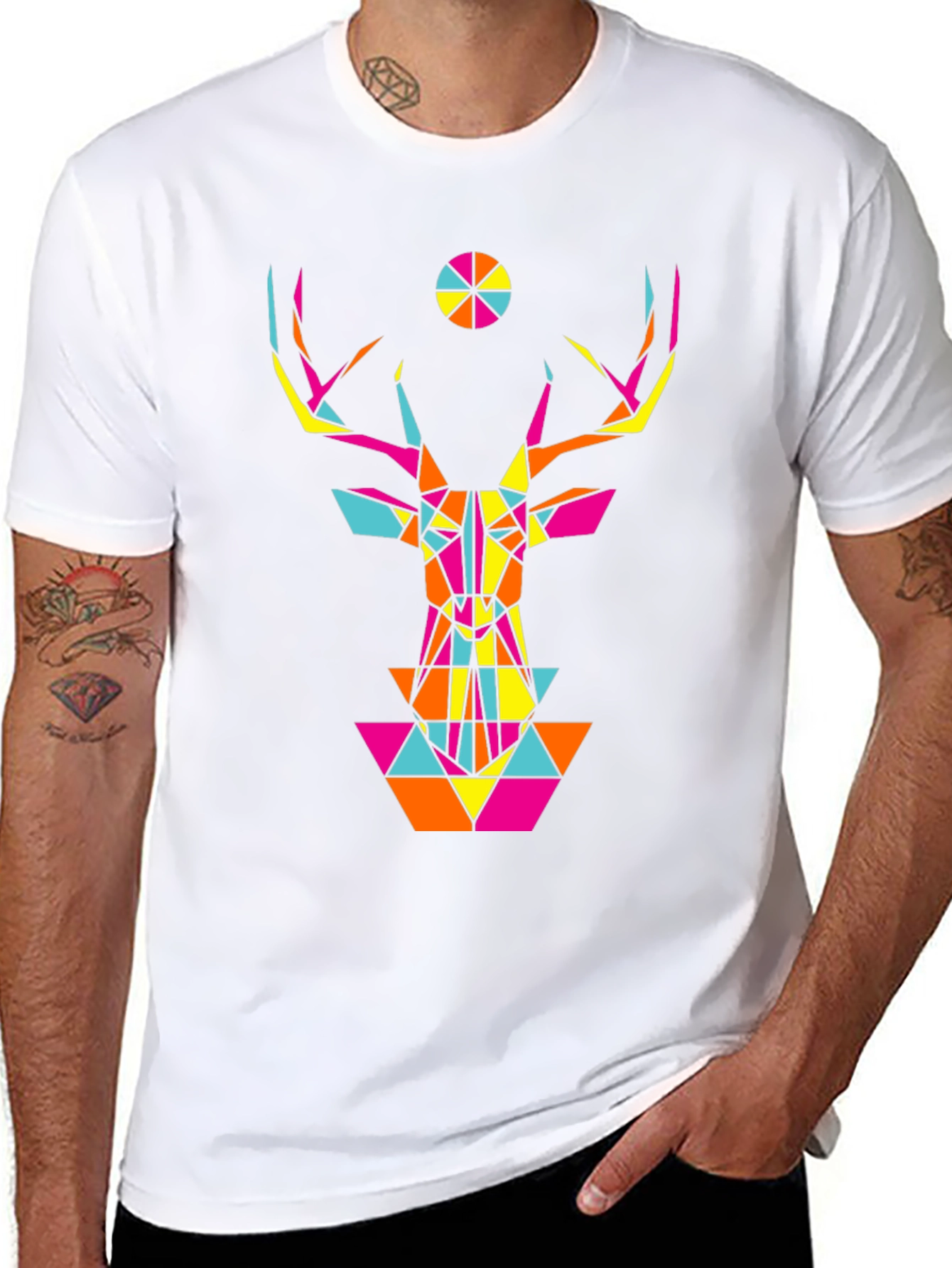 Geometric Deer Head Graphic Black T-Shirt