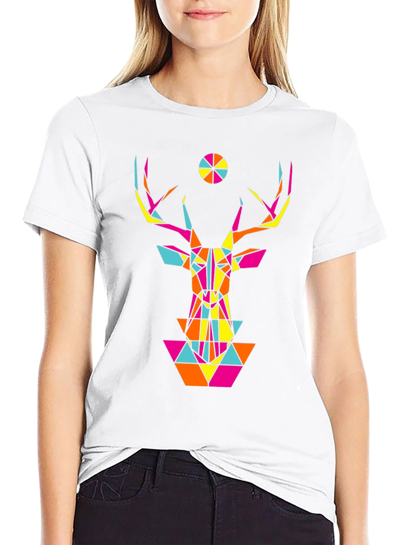 Geometric Deer Head Graphic Black T-Shirt