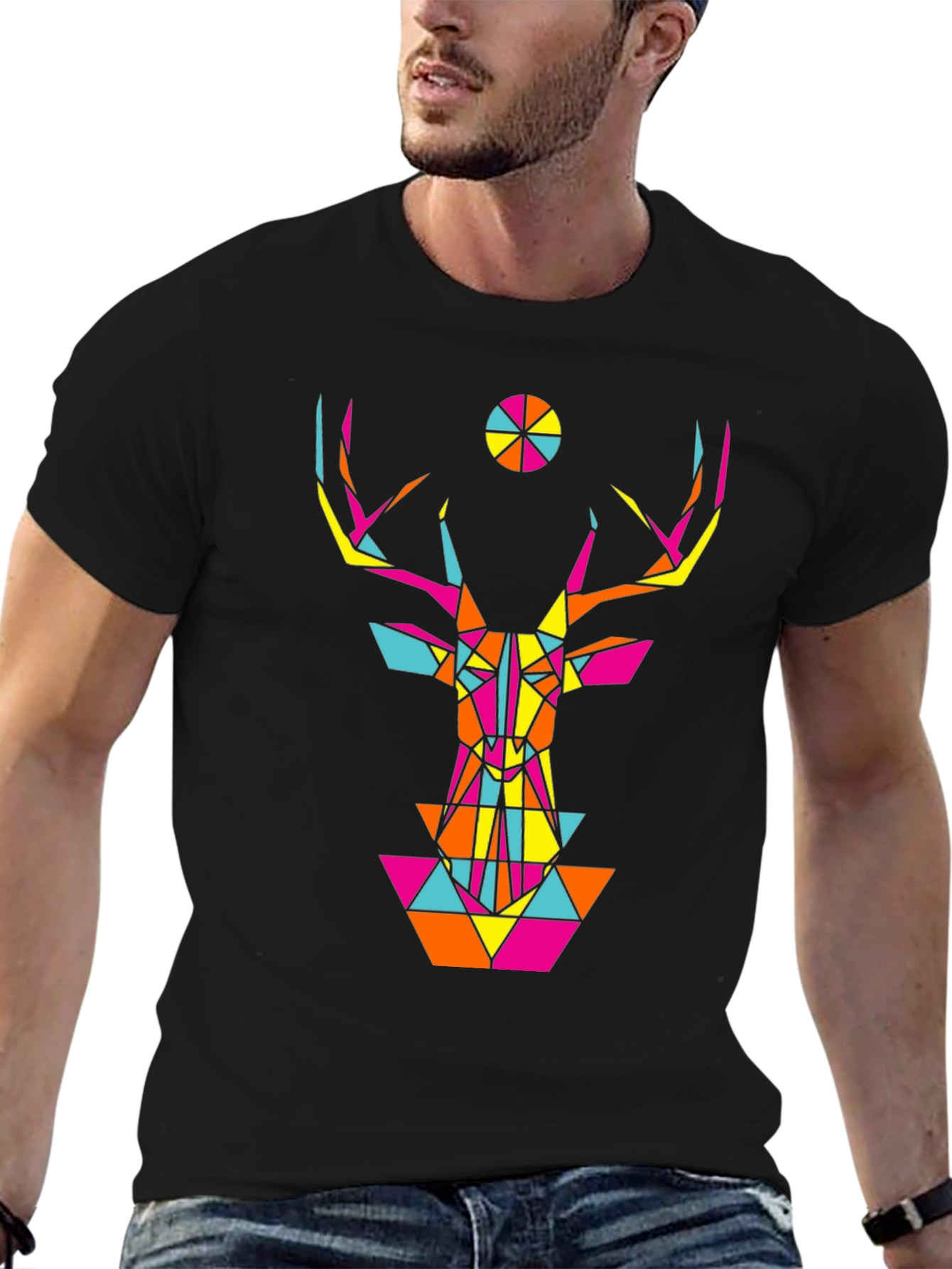 Geometric Deer Head Graphic Black T-Shirt
