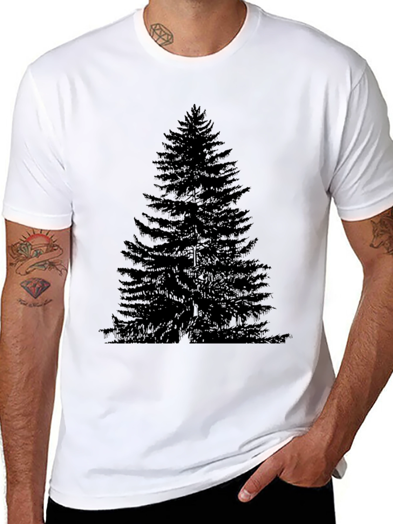 Mens Black T-Shirt with Pine Tree Print