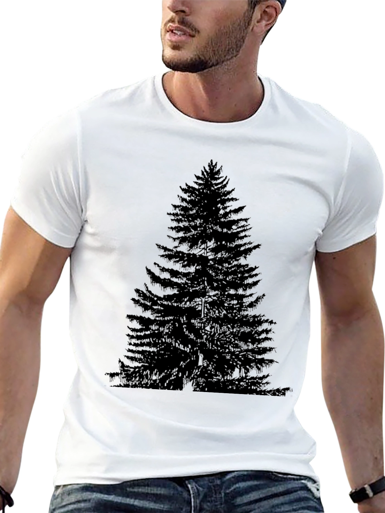Mens Black T-Shirt with Pine Tree Print