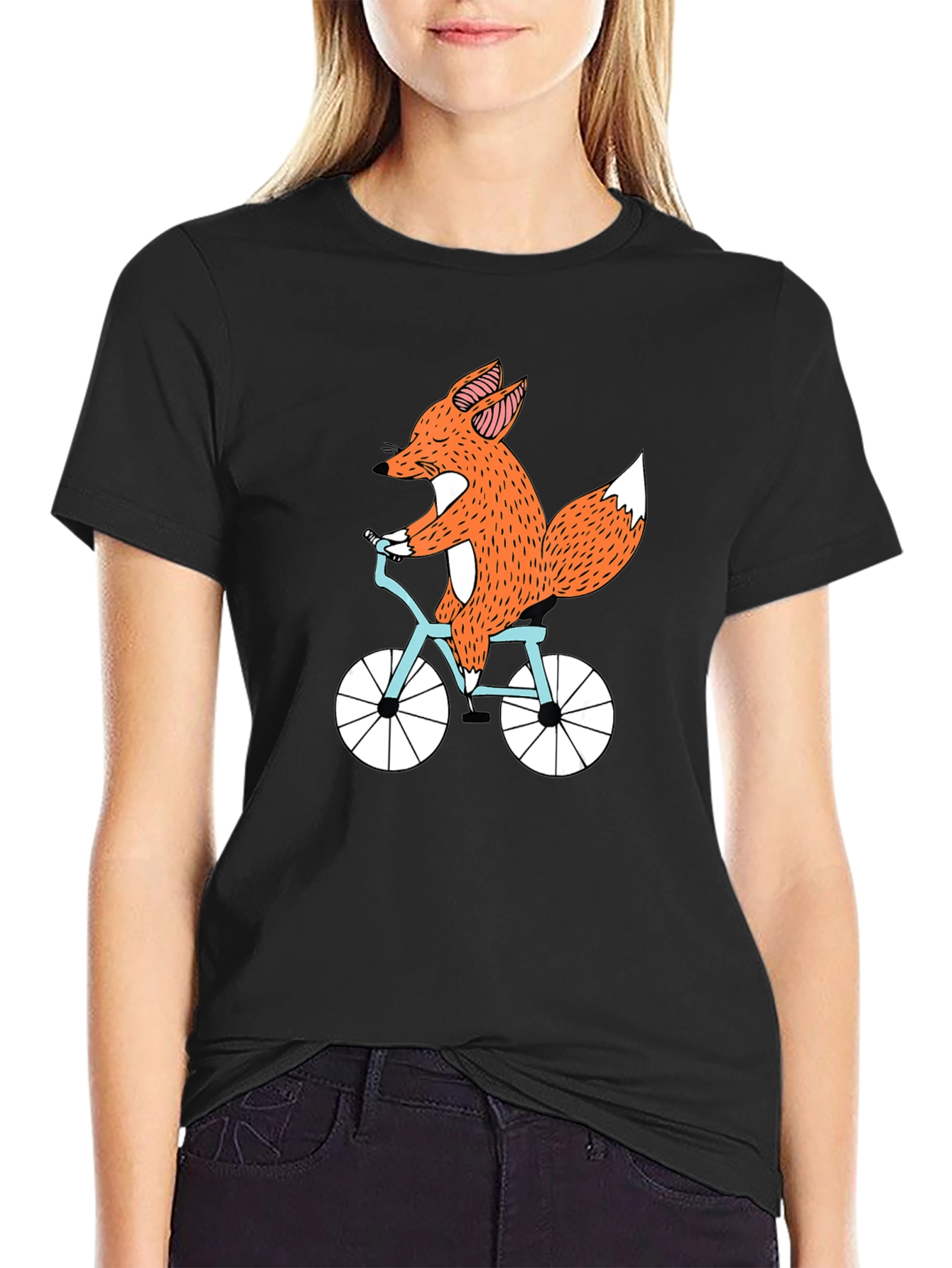 Fox on Bike Graphic Tee - Black Cotton T-Shirt