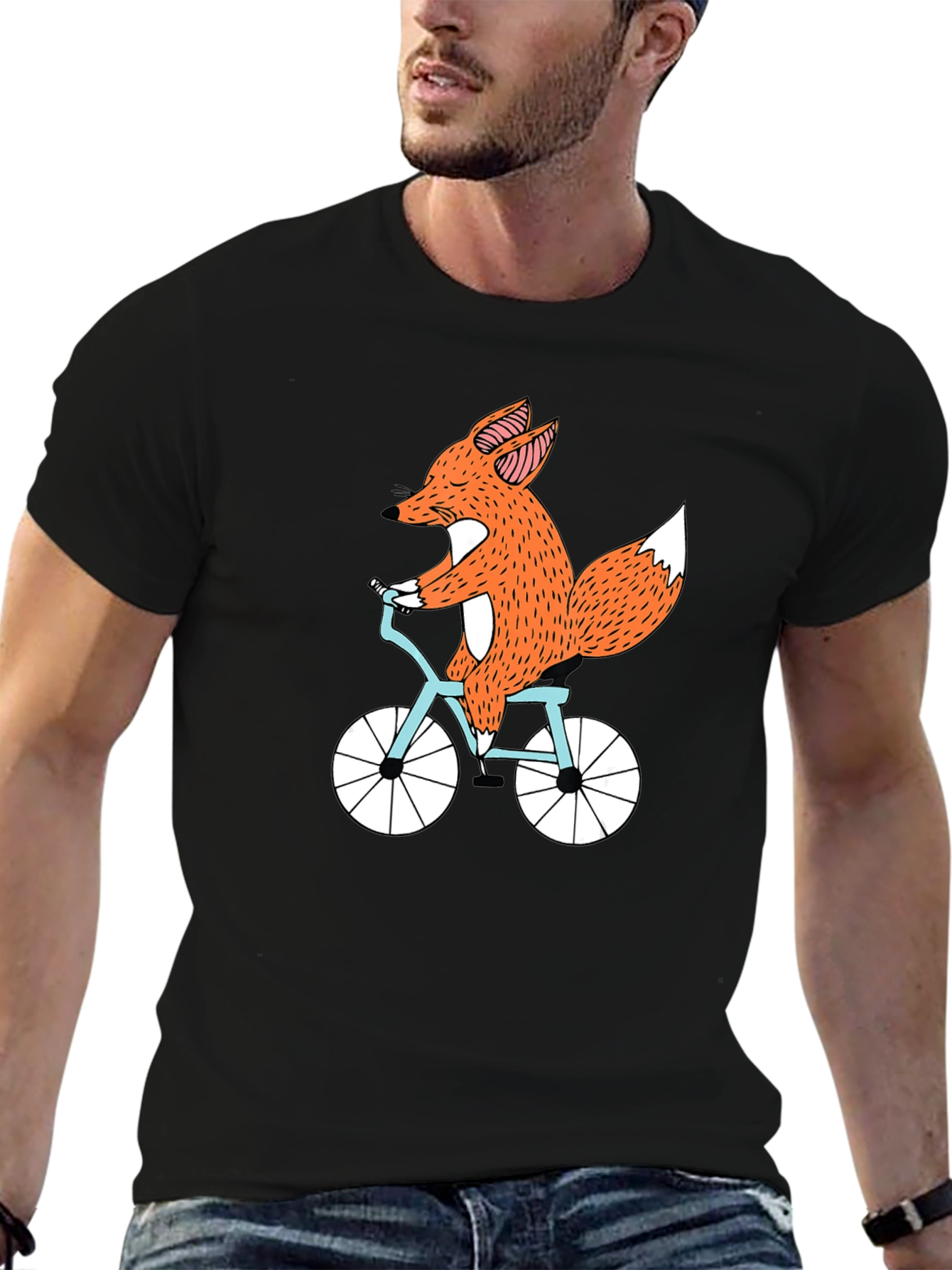 Fox on Bike Graphic Tee - Black Cotton T-Shirt