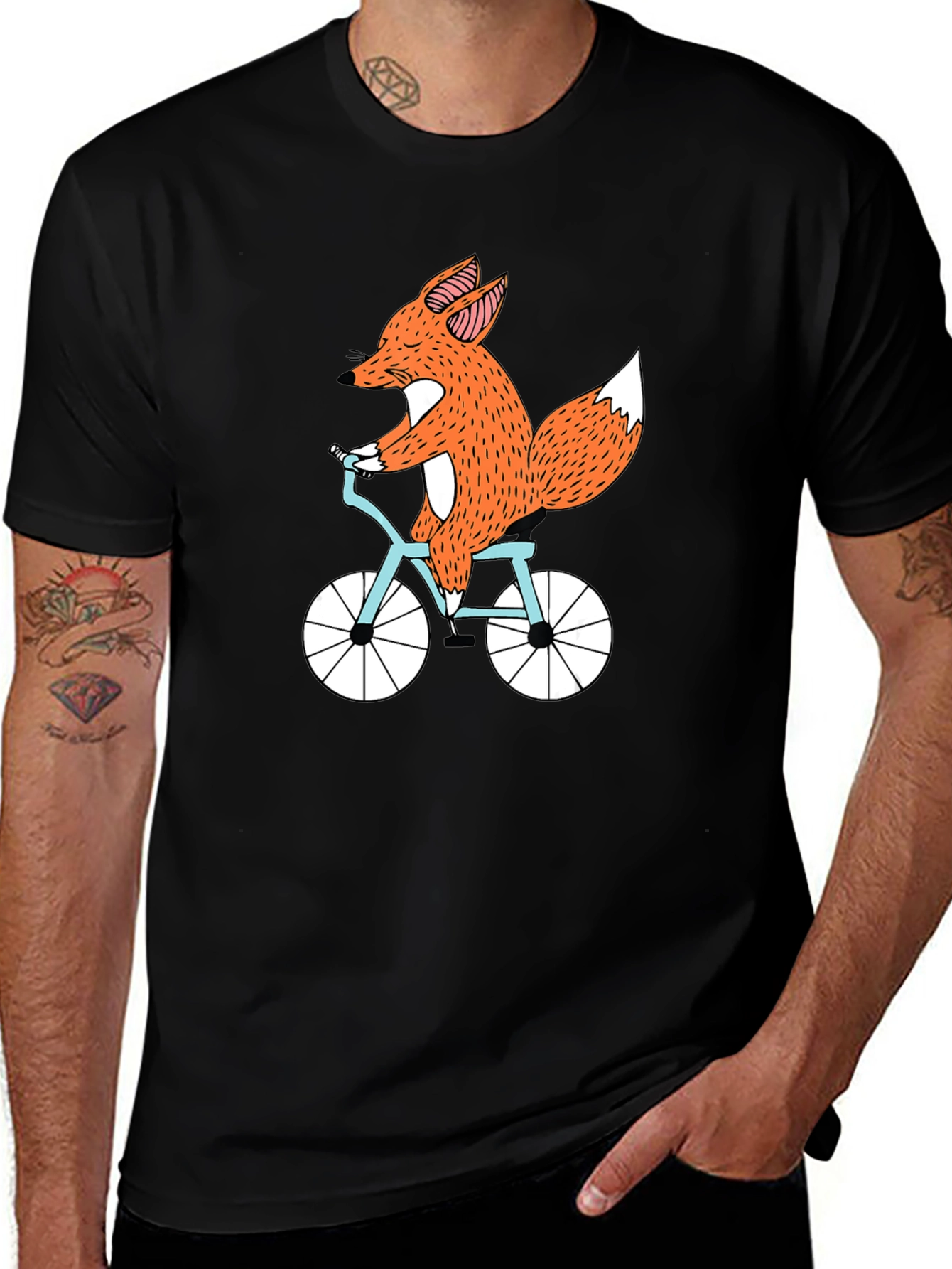 Fox on Bike Graphic Tee - Black Cotton T-Shirt