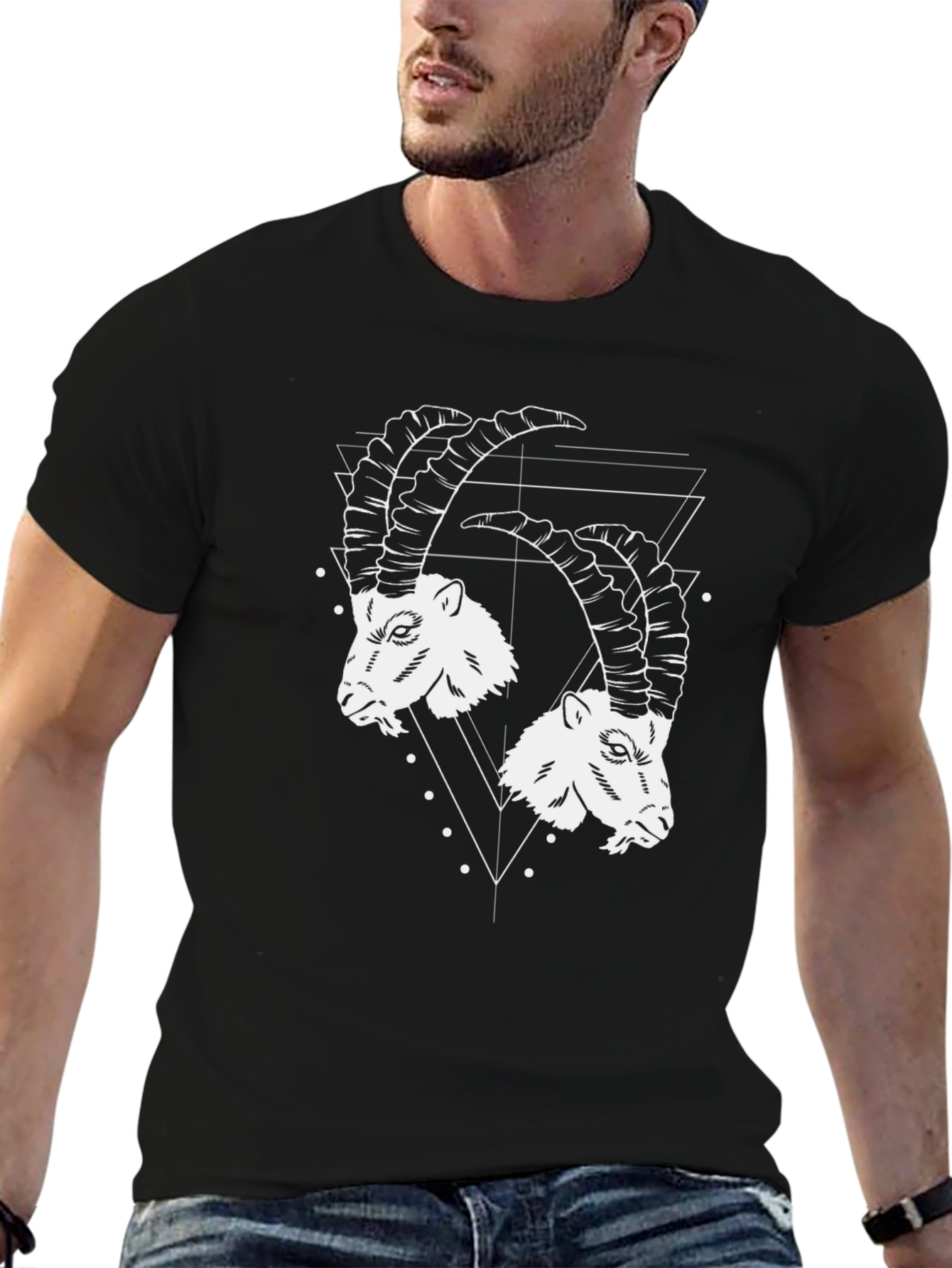 Geometric Ibex Head Graphic Tee - Black Cotton T-Shirt