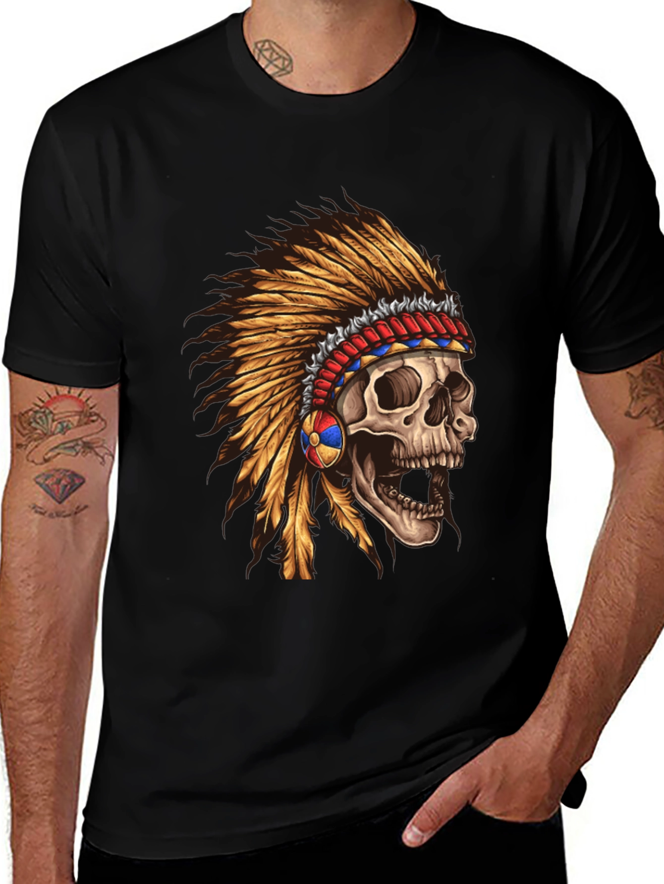 Skull Chief T-Shirt - Native American Headdress Design