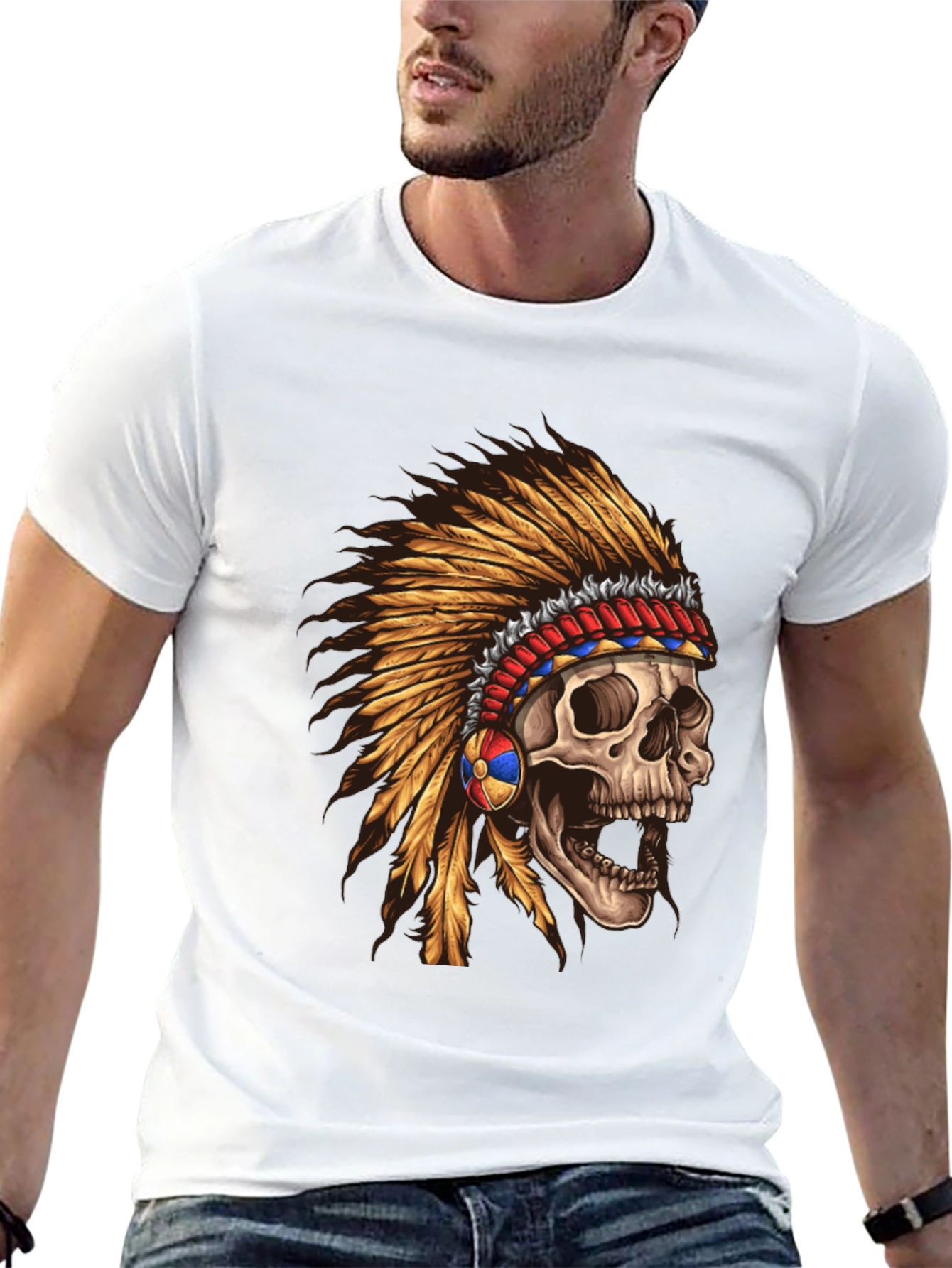 Skull Chief T-Shirt - Native American Headdress Design