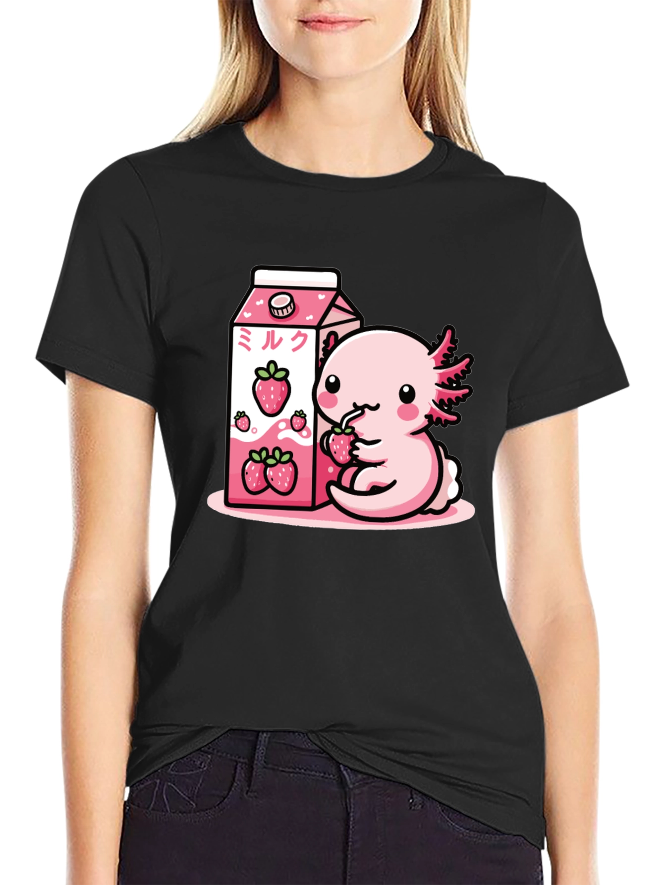 Axolotl & Strawberry Milk T-Shirt - Cute Kawaii Design